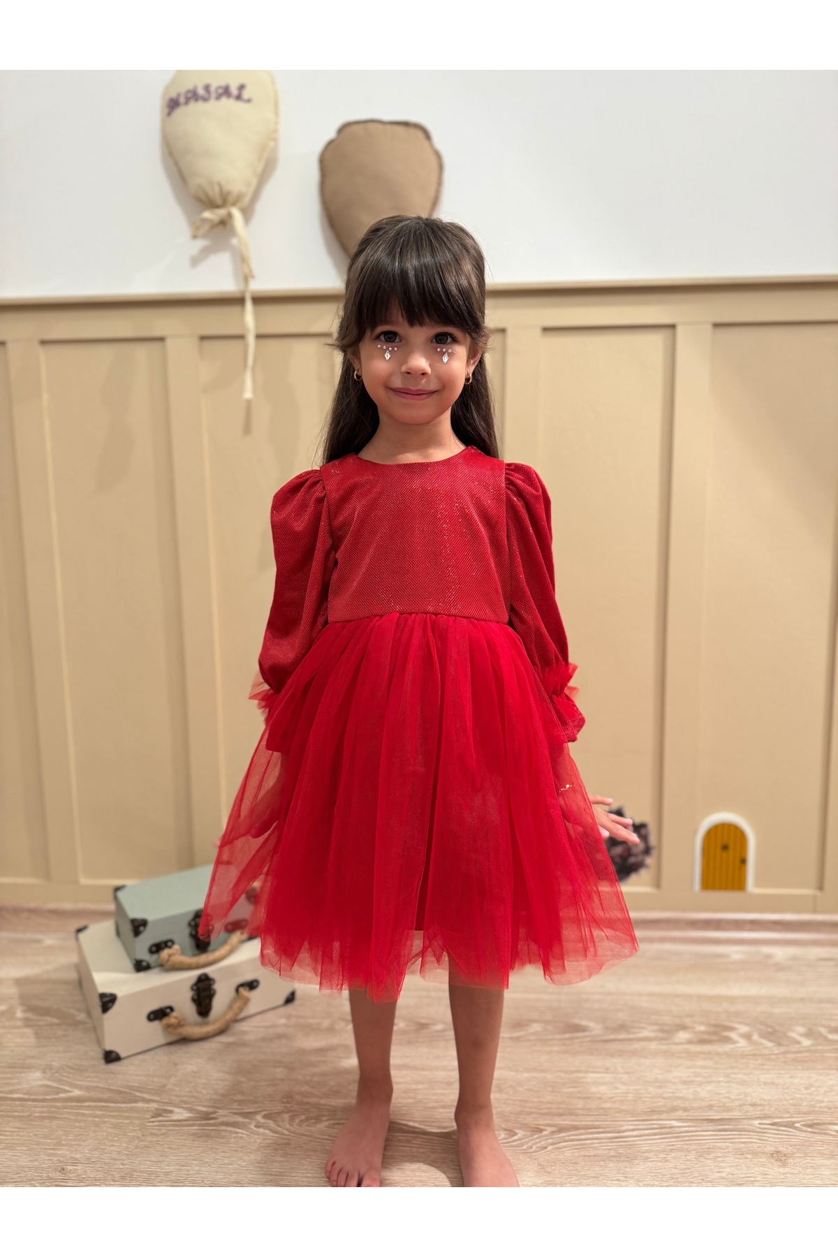 penu baby kids Kırmızı Pırıltı Kumaş Altı Tül Etekli Pamuk Astarlı Fiyonklu Uzun Kol Kız Çocuk Kız Bebek Elbise fotoğrafı 4 (önizleme)