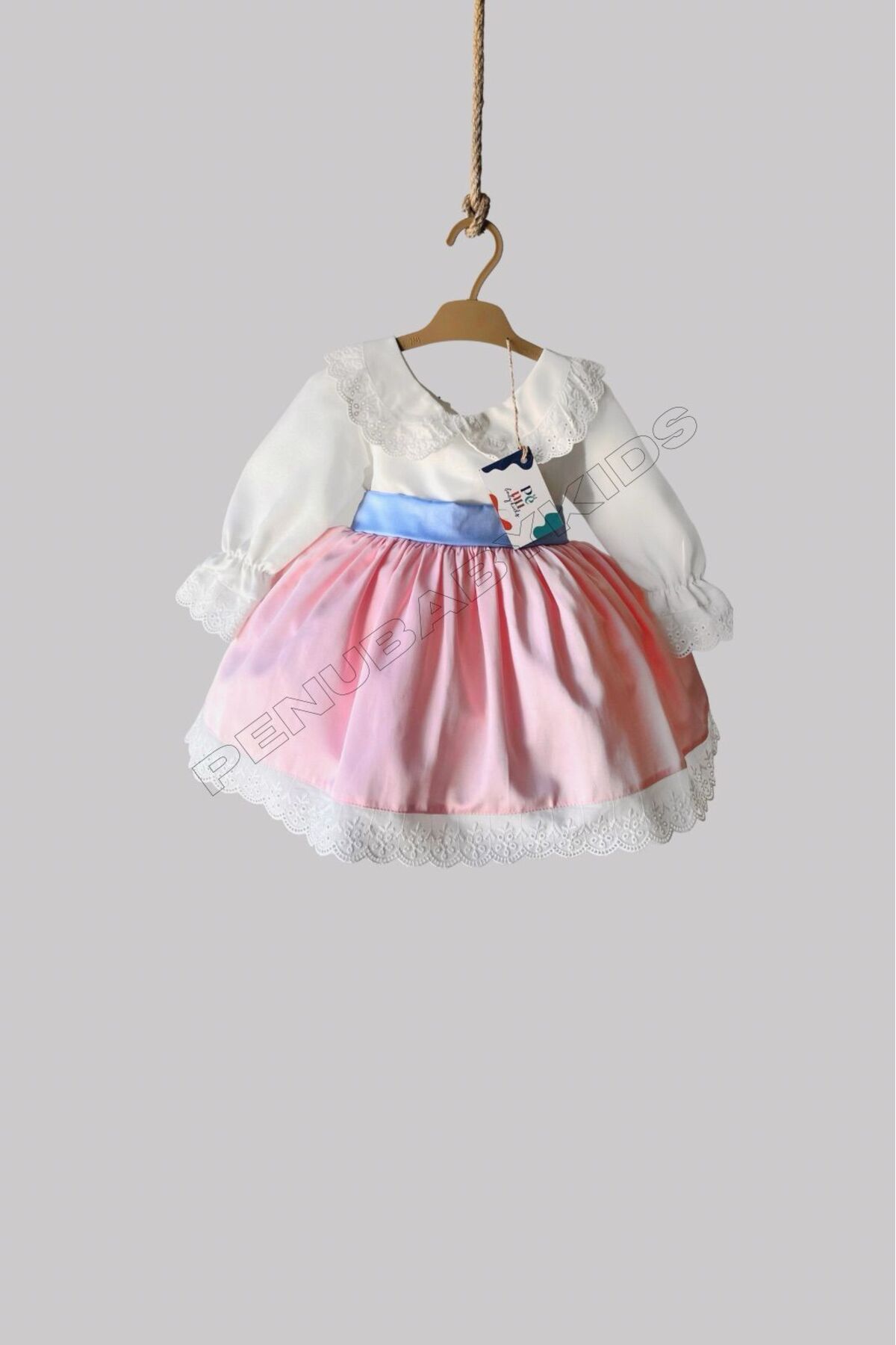 penu baby kids Pembe Etek Mavi Kemerli Pamuk Saten Uzun Kollu Dantelli Kız Çocuk Kız Bebek Elbise fotoğrafı 5 (önizleme)