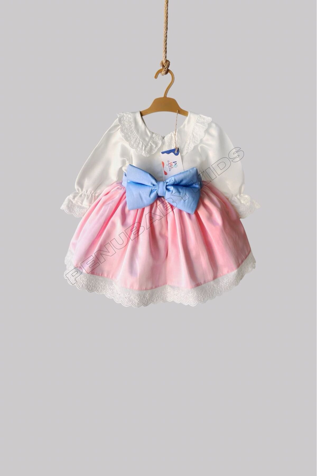 penu baby kids Pembe Etek Mavi Kemerli Pamuk Saten Uzun Kollu Dantelli Kız Çocuk Kız Bebek Elbise fotoğrafı 6 (önizleme)