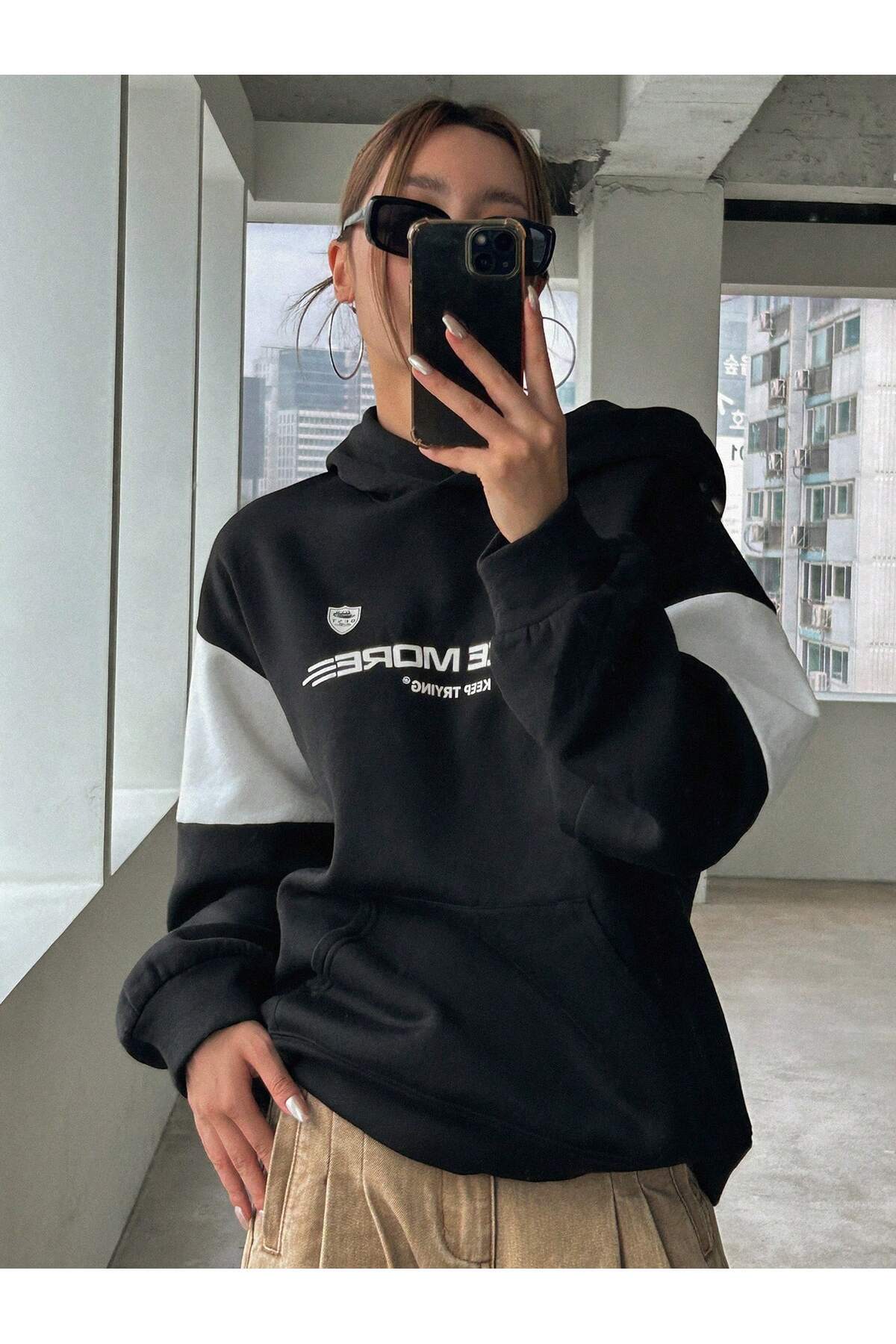 LAPS Women's Black and White Sleeve Once More Printed Oversized Sweatshirt