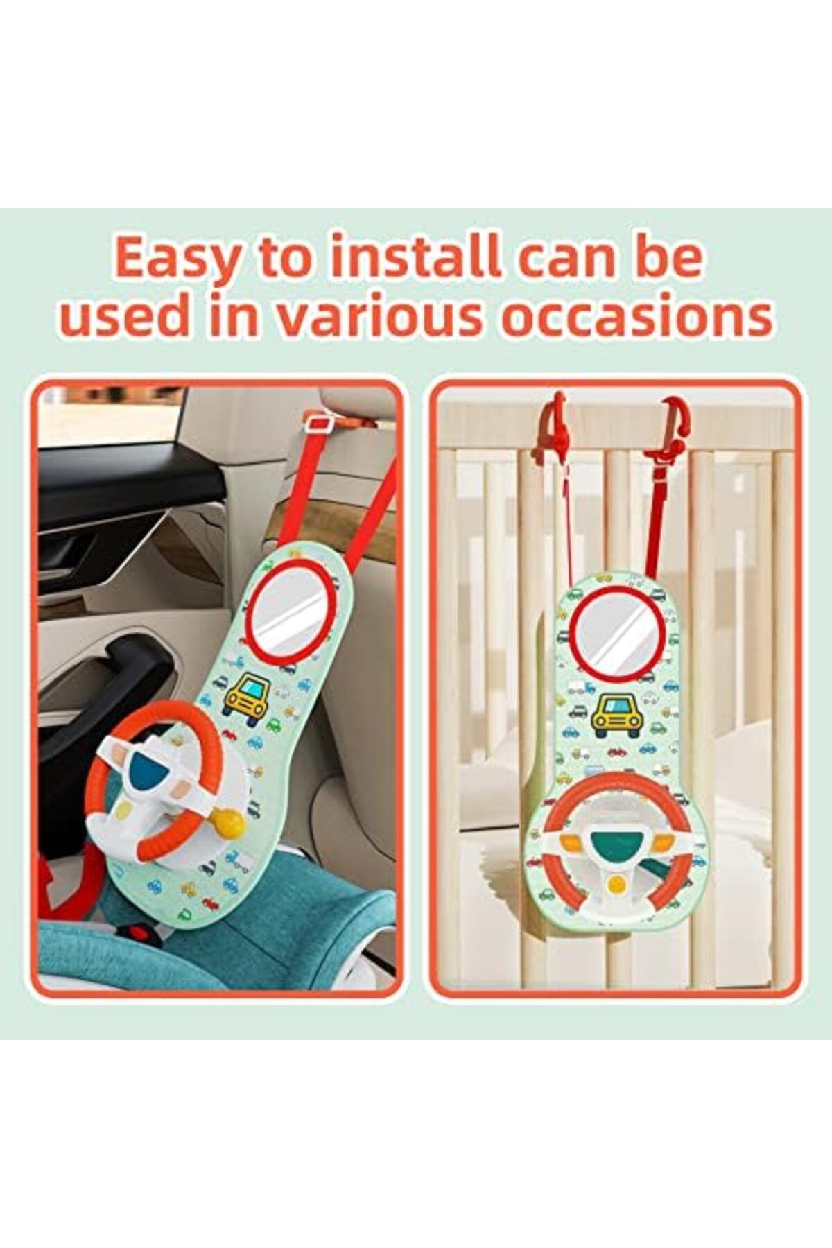 لعبة مقعد السيارة للأطفال الرضع بعجلة قيادة وموسيقى وأضواء, مرآة سلامة وتسلية أثناء القيادة