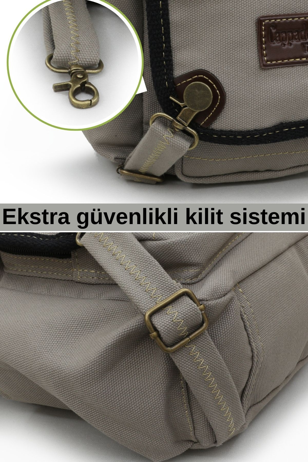 Cappadocia Vintage 4017 Açık Gri 14" Laptop Kanvas Postacı Okul Çantası Unisex Kilitli Çok Cepli Omuz Askılı görsel 6