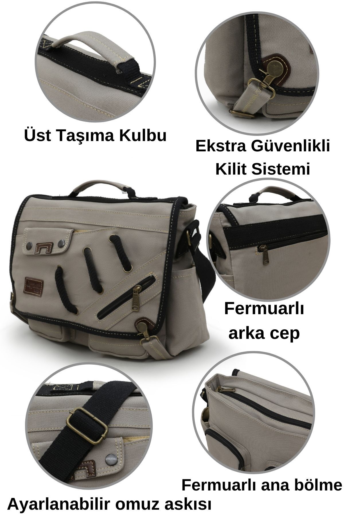 Cappadocia Vintage 4017 Açık Gri 14" Laptop Kanvas Postacı Okul Çantası Unisex Kilitli Çok Cepli Omuz Askılı görsel 4
