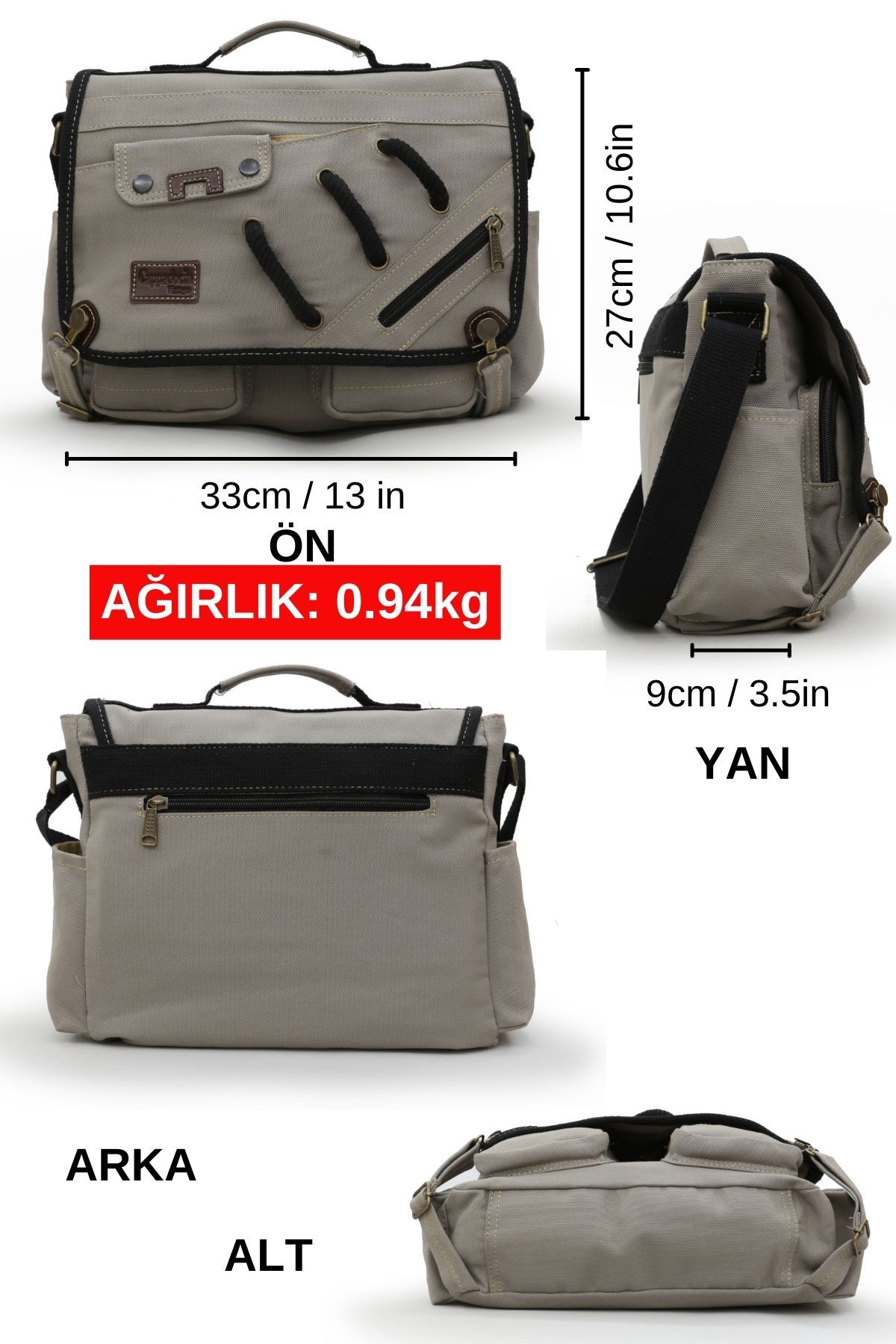 Cappadocia Vintage 4017 Açık Gri 14" Laptop Kanvas Postacı Okul Çantası Unisex Kilitli Çok Cepli Omuz Askılı görsel 2