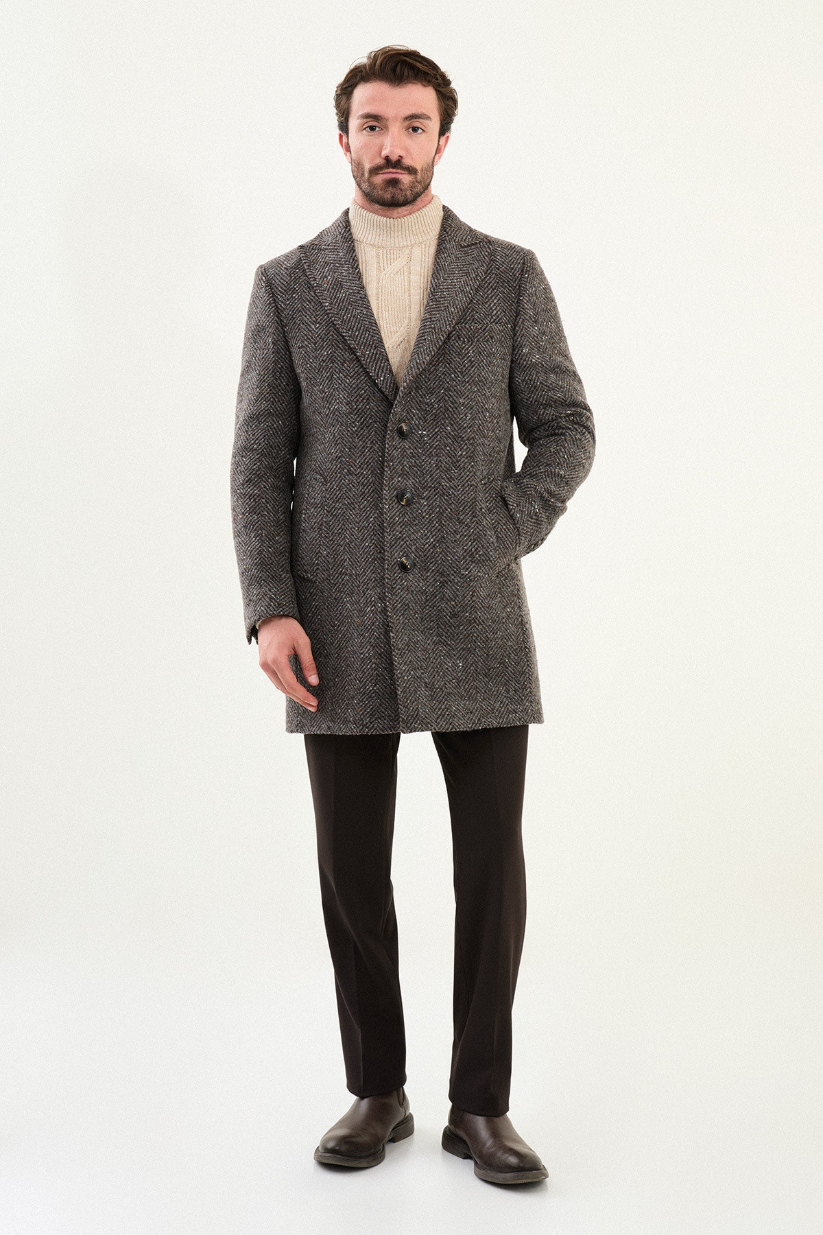 Kırçıllı Slim Fit Geniş Yaka Yün Erkek Kaban Kahve-Gri - 21334.25K — رنگارنگ — تصویر 3 از 6
