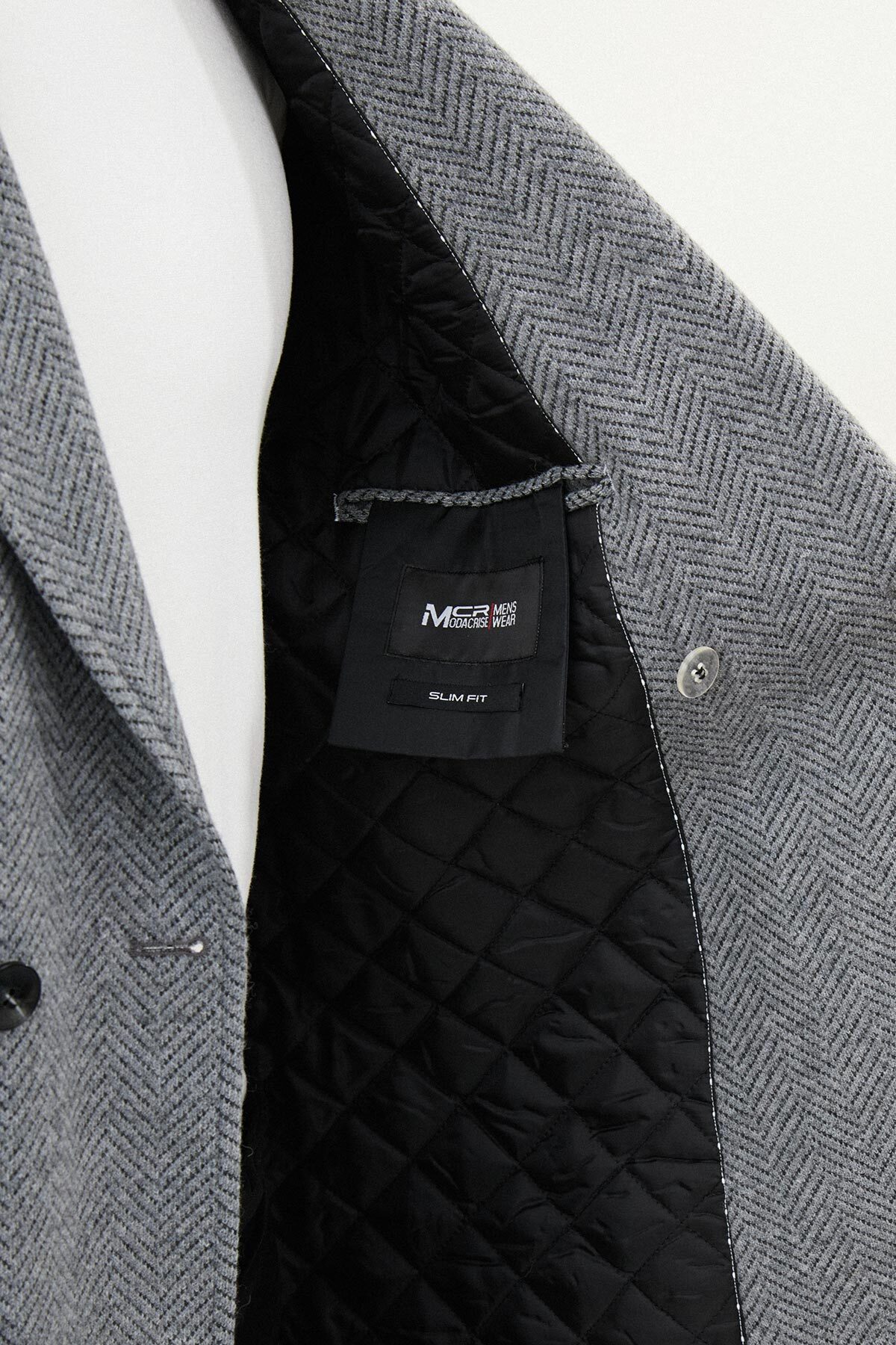 Desenli Slim Fit Geniş Yaka Kruvaze Yün Erkek Kaban Gri - 21321.25K — رنگارنگ — تصویر 6 از 6