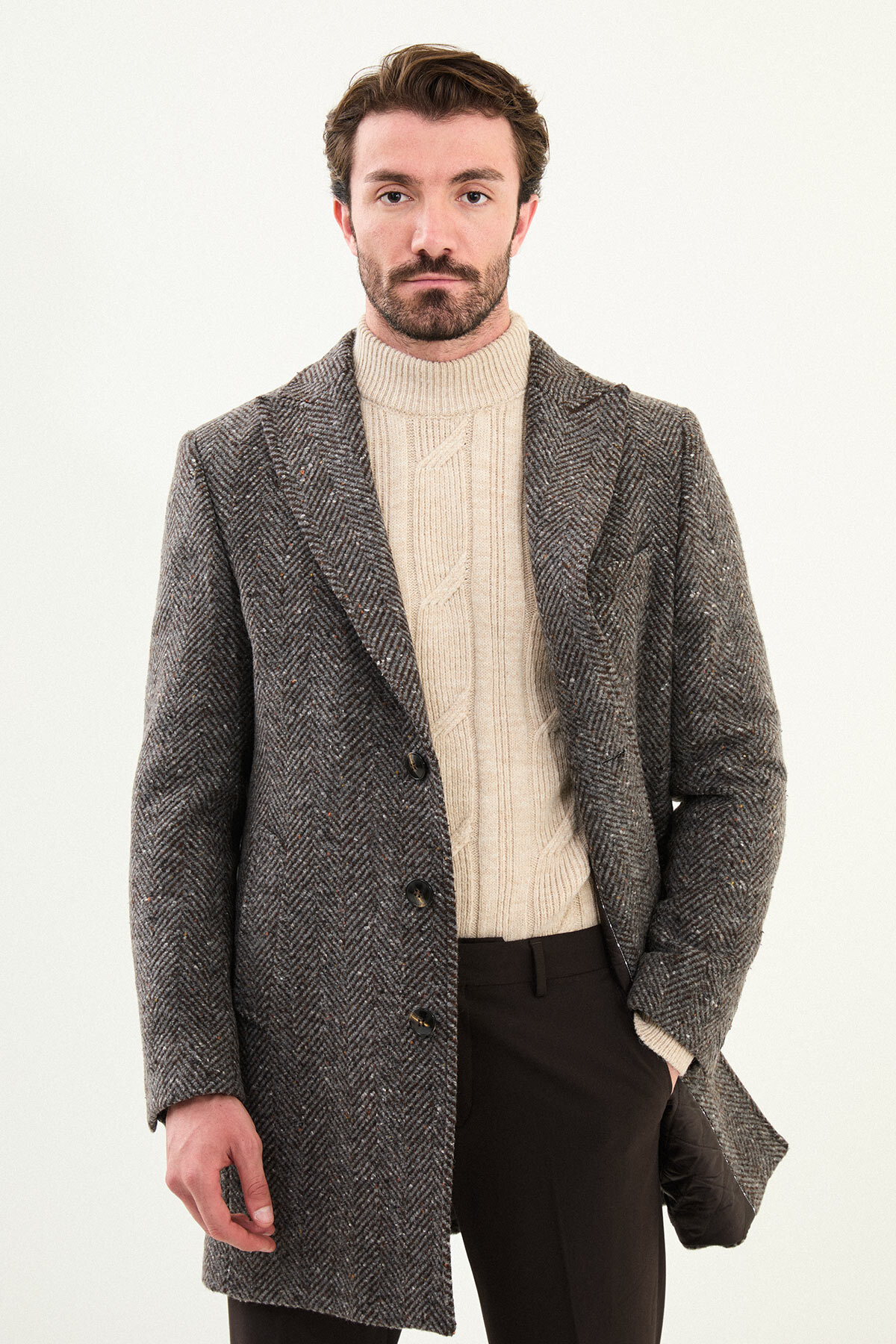 Kırçıllı Slim Fit Geniş Yaka Yün Erkek Kaban Kahve-Gri - 21334.25K — رنگارنگ