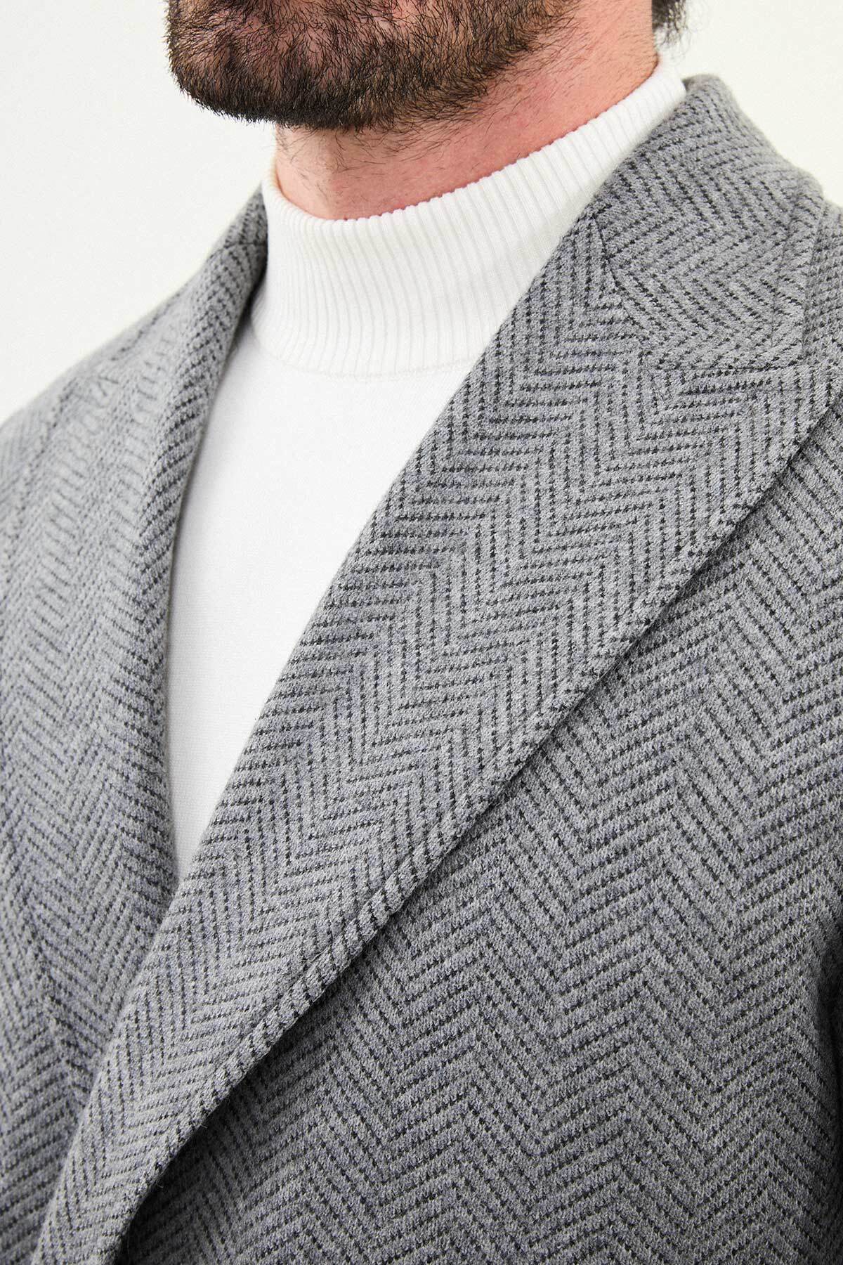 Desenli Slim Fit Geniş Yaka Kruvaze Yün Erkek Kaban Gri - 21321.25K — رنگارنگ — تصویر 2 از 6