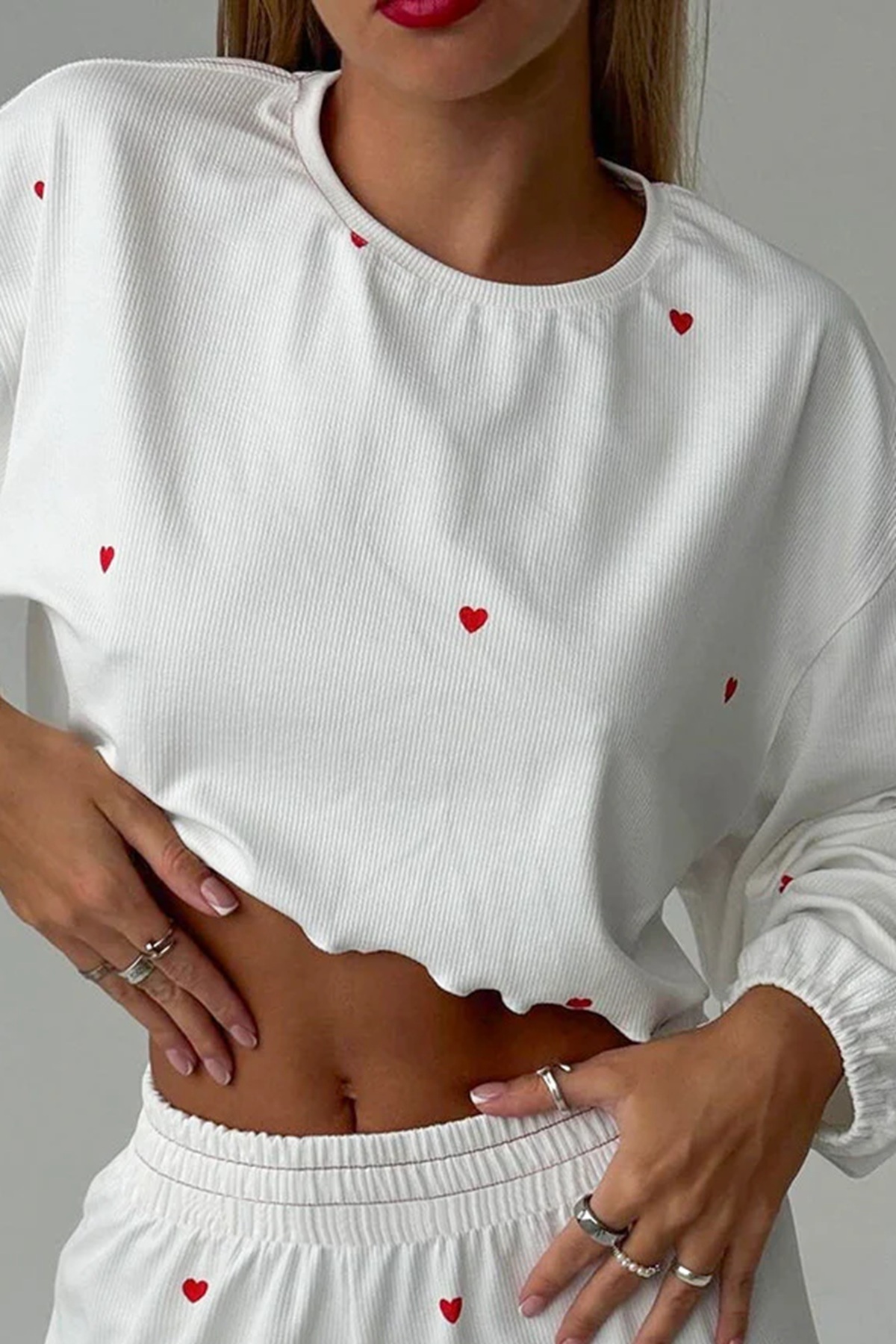 Merry See Kalp Baskılı Uzun Kollu İnce Kumaş Dökümlü Pijama Takımı görsel 3