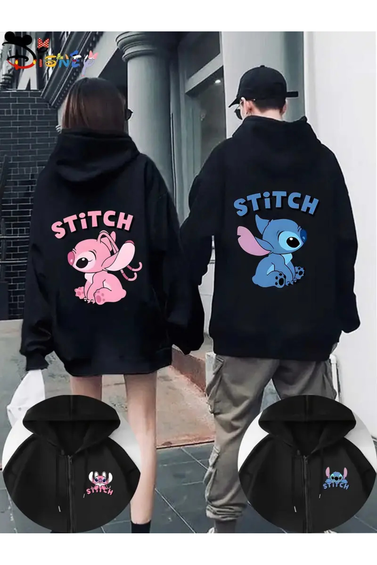 AEMİ Unisex Różowa Bluza z Nadrukiem Stitch Oversize Czarna Bluza z Kapturem ...