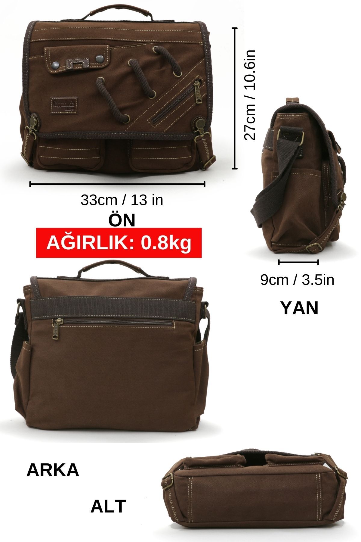 Cappadocia Vintage 4017 Kahverengi 14" Laptop Pamuk Gabardin Postacı Okul Çantası Unisex Kilitli Çok Cepli Omuz Askılı görsel 2