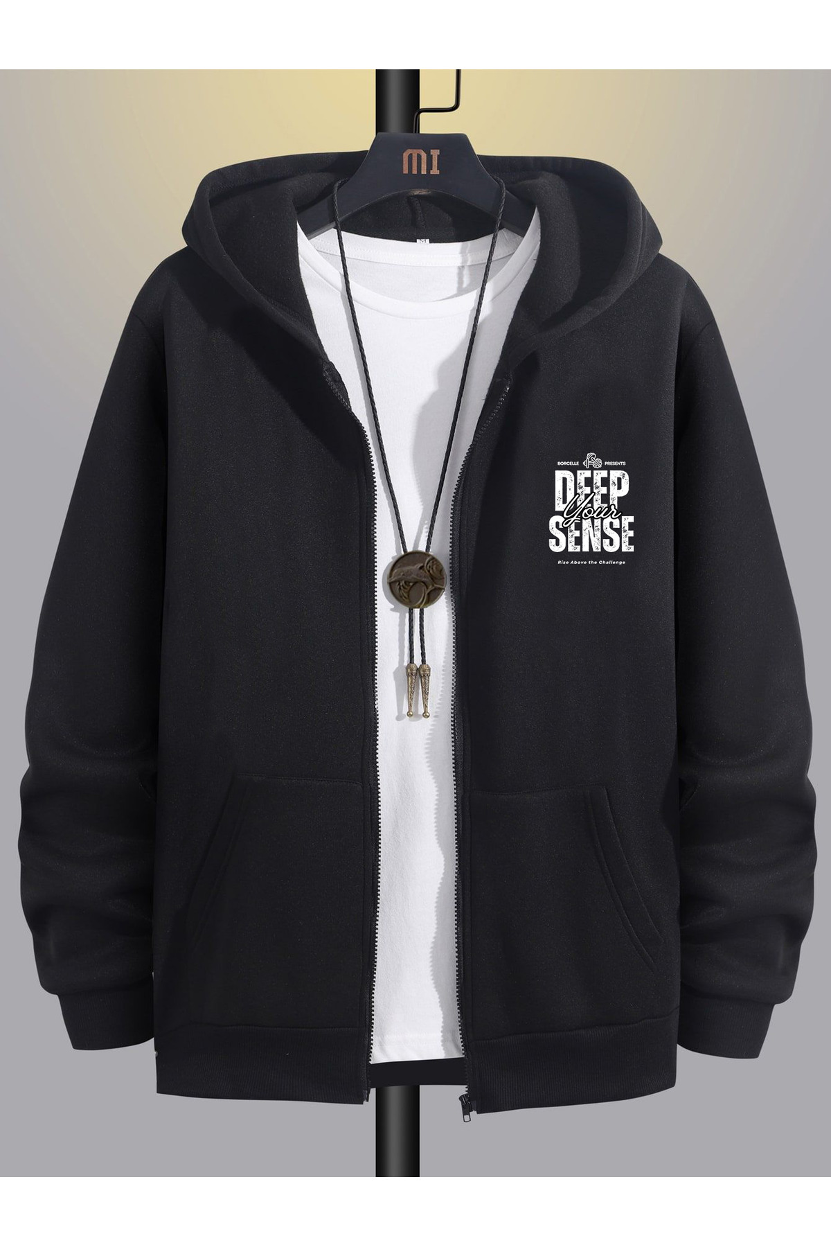 Erkek Siyah Kışlık Kapişonlu Fermuarlı Sweatshirt İçi Polarlı Ceket — مشکی DEEPXF0010