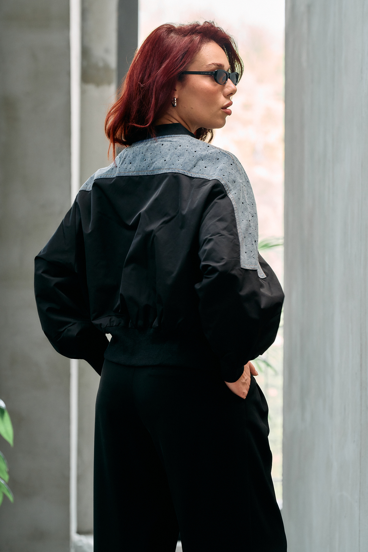 ALOFA Denim Detaylı Taş Baskılı Bomber Ceket görsel 3