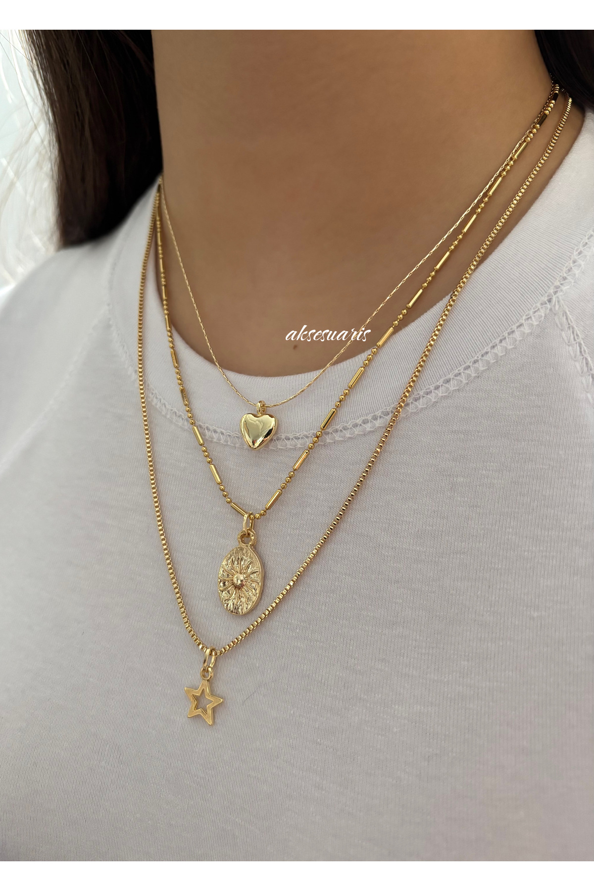 aksesuaris  3'lü Desenli Zincirli Gold Kalp Yıldız Kadın Kolye Set Kombin - Görsel 7