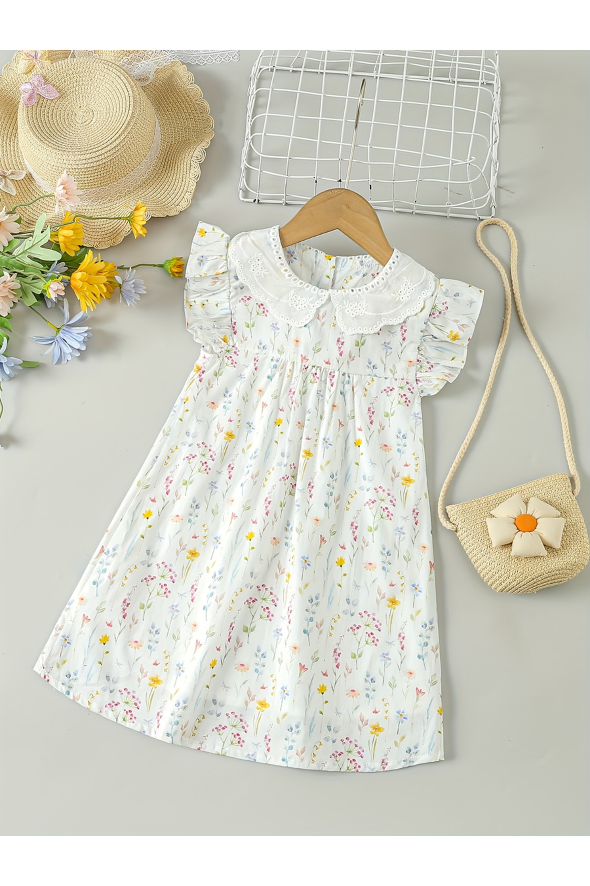Styli Girls White Cotton Floral Peter Pan Dress