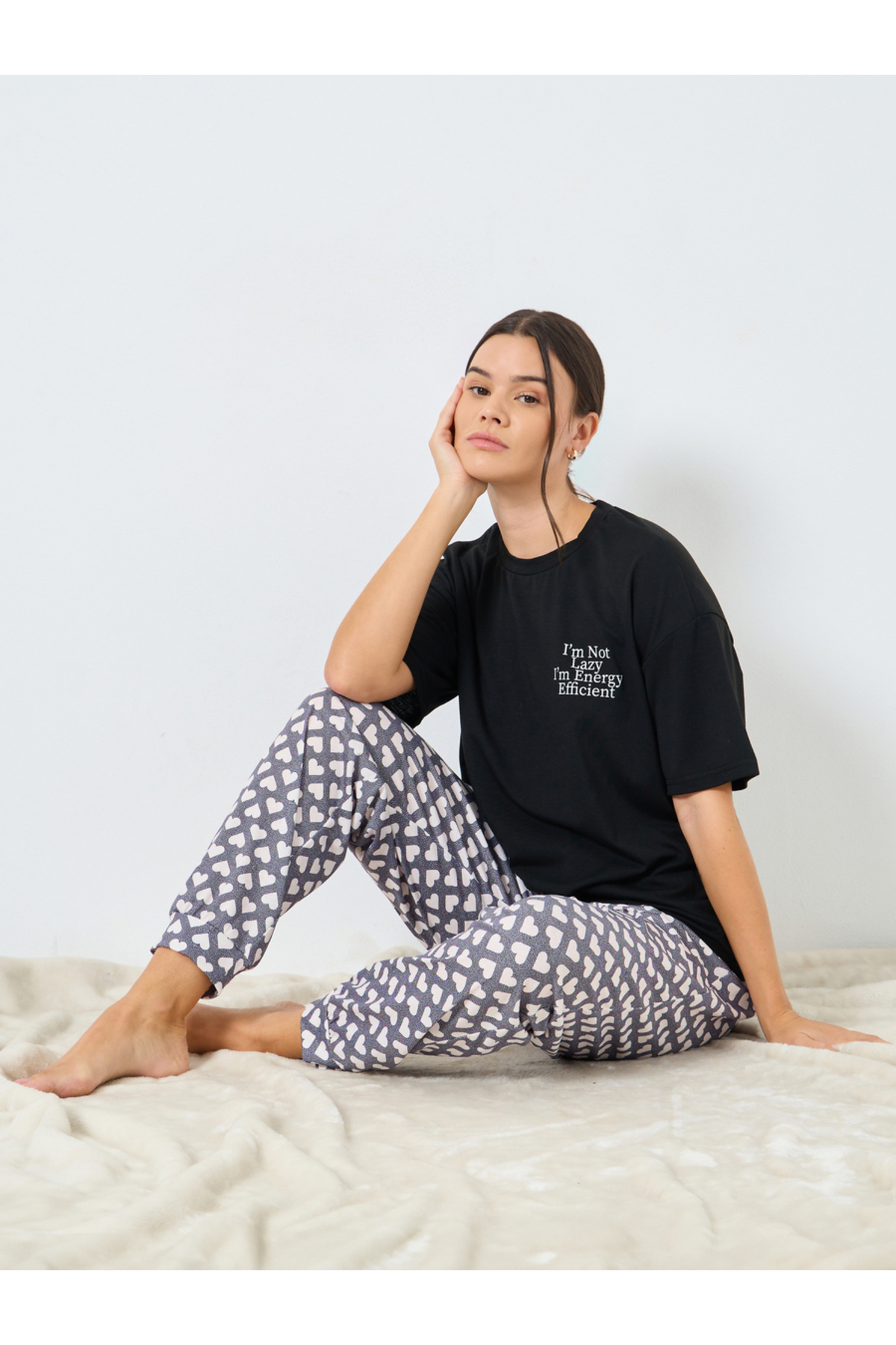 Styli Drop Shoulder Slogan T-Shirt and Heart Cuffed Pyjama Set