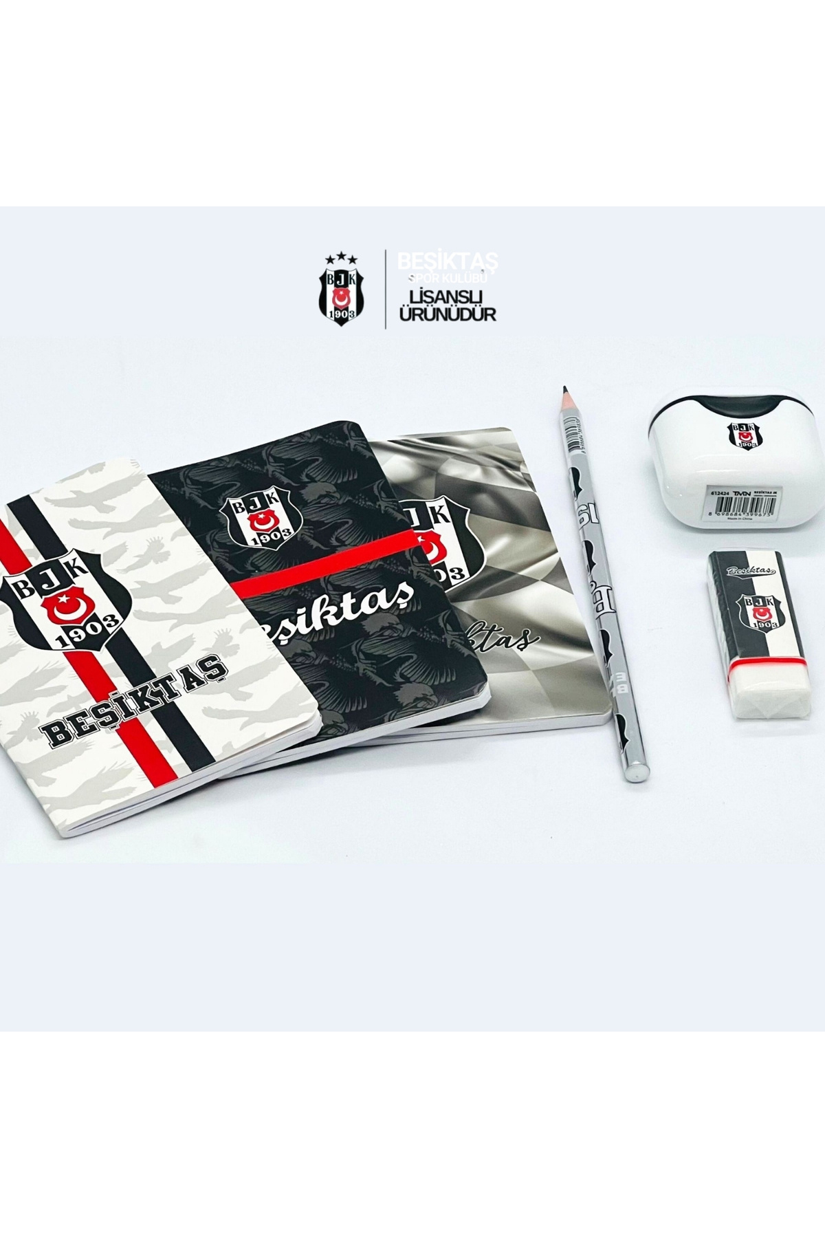 BAK GEL AL Beşiktaş Lisanslı Kırtasiye Seti, 3 Defter, Kurşun Kalem, Silgi ve Kalemtraş – Beşiktaşlı Okul Seti
