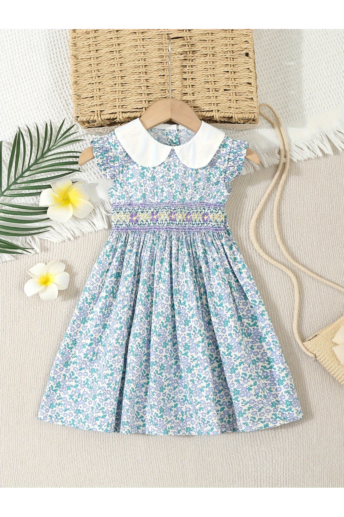 Styli Girls Blue Peter Pan Collar Smocked Dress