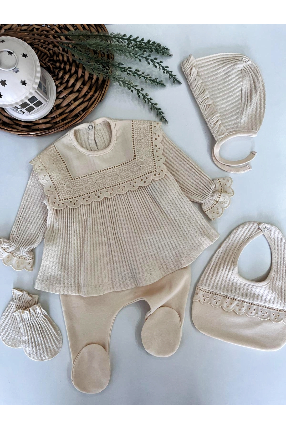 GizaKids %100 Pamuk Kız Bebek Yenidoğan 5 Parça Hastane Çıkışı / Zıbın Set / Mevlit fotoğrafı 2 (önizleme)