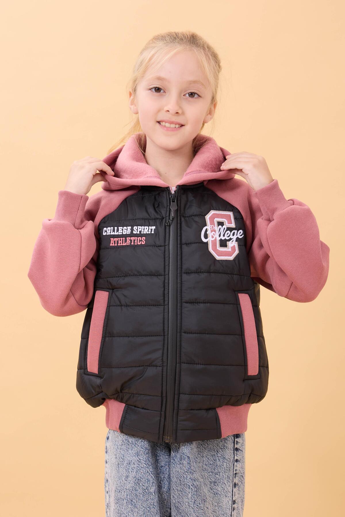 Perendi Kız Çocuk İçi Peluşlu Kapüşonlu Kapitone Kolej Ceket – Siyah fotoğrafı 5 (önizleme)