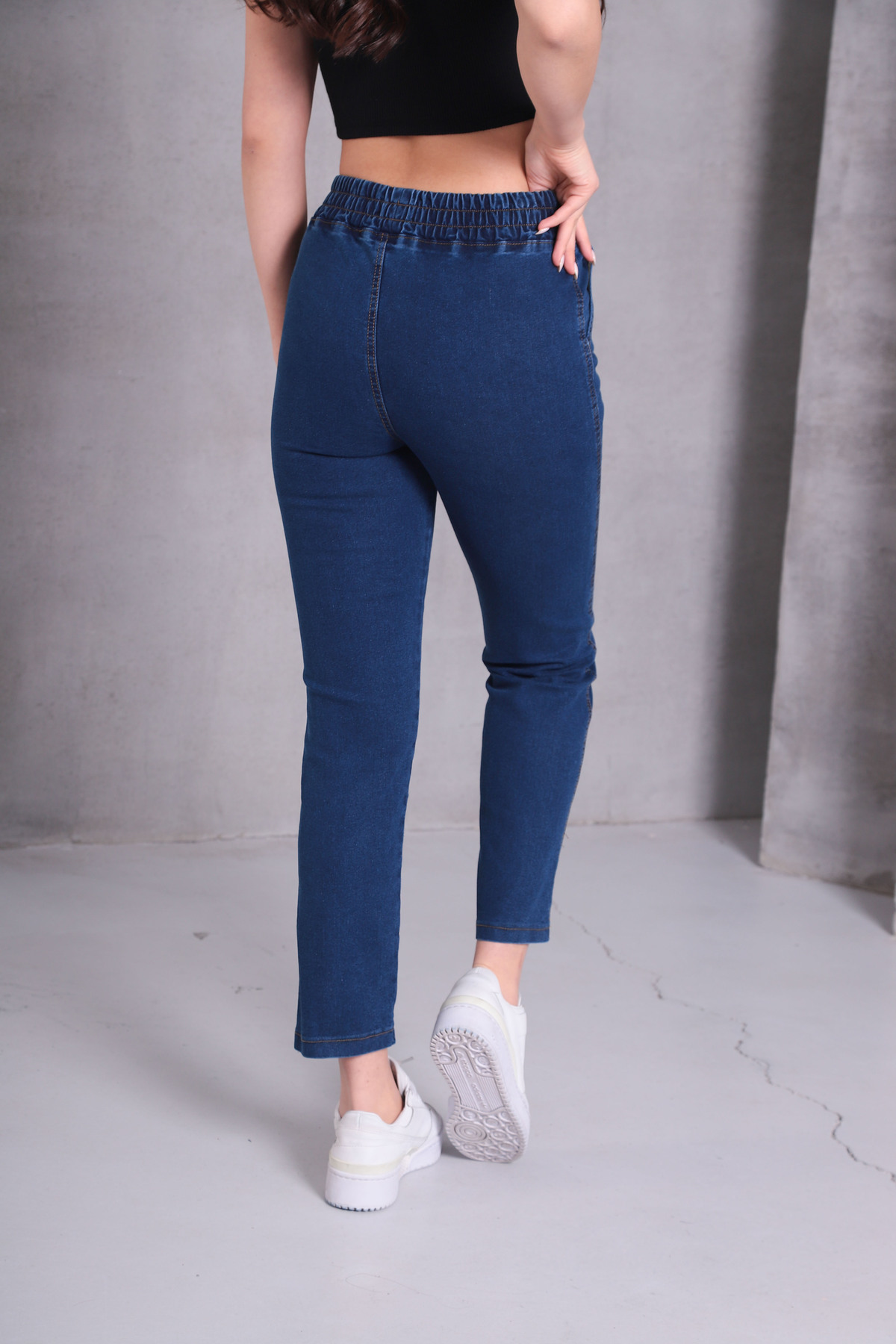 Genel Markalar  Koyu Mavi Kadın Kot Pantolon Beli Lastikli Yüksek Bel Likralı Toparlayıcı Büyük-Küçük Beden Jeans - Görsel 5