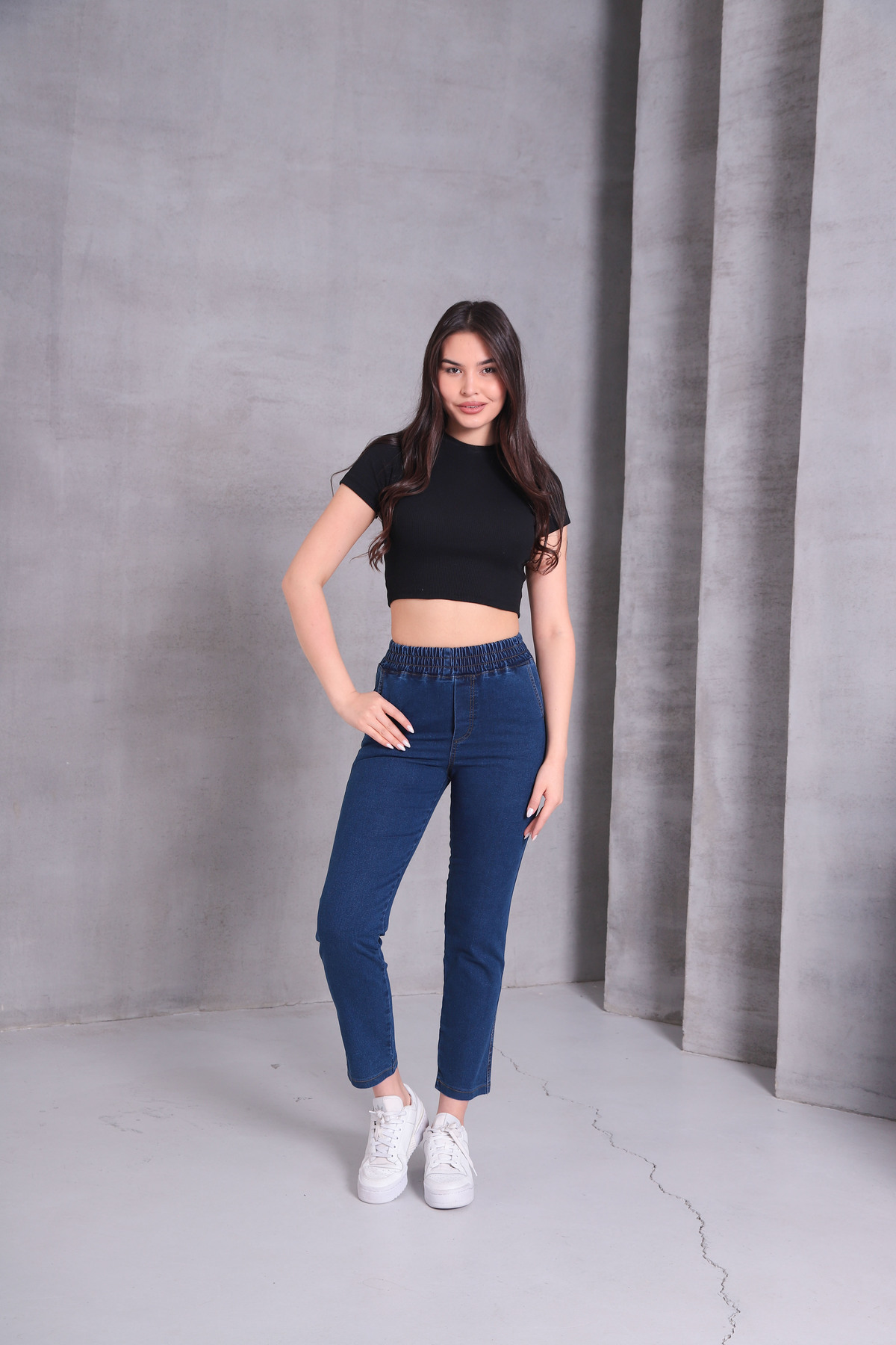 Genel Markalar  Koyu Mavi Kadın Kot Pantolon Beli Lastikli Yüksek Bel Likralı Toparlayıcı Büyük-Küçük Beden Jeans - Görsel 2