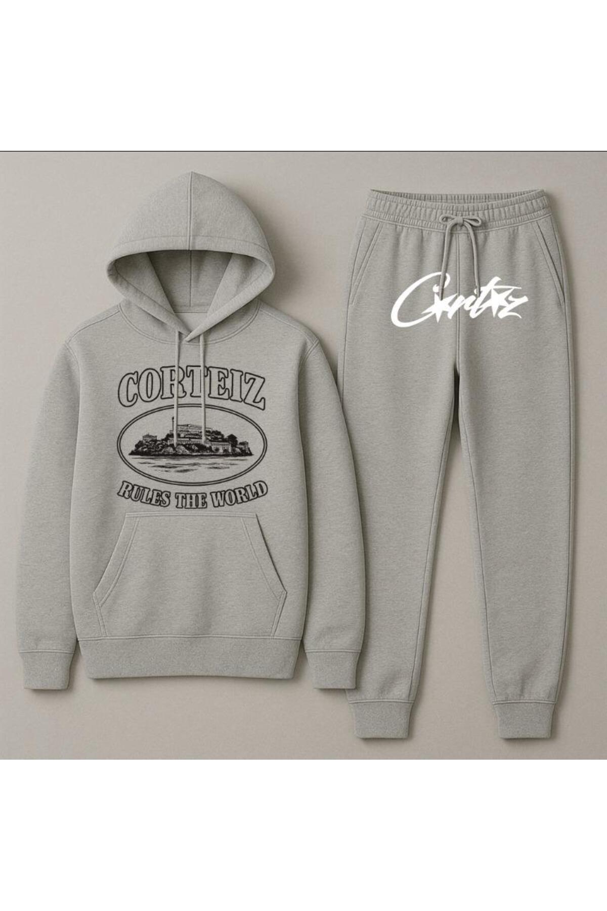 Kapüşonlu Crtz Baskılı Oversize Kadın/Erkek Unisex Kışlık 3 İplik Gri Eşofman Takımı — خاکستری Eşofmantkmcrrttgr2