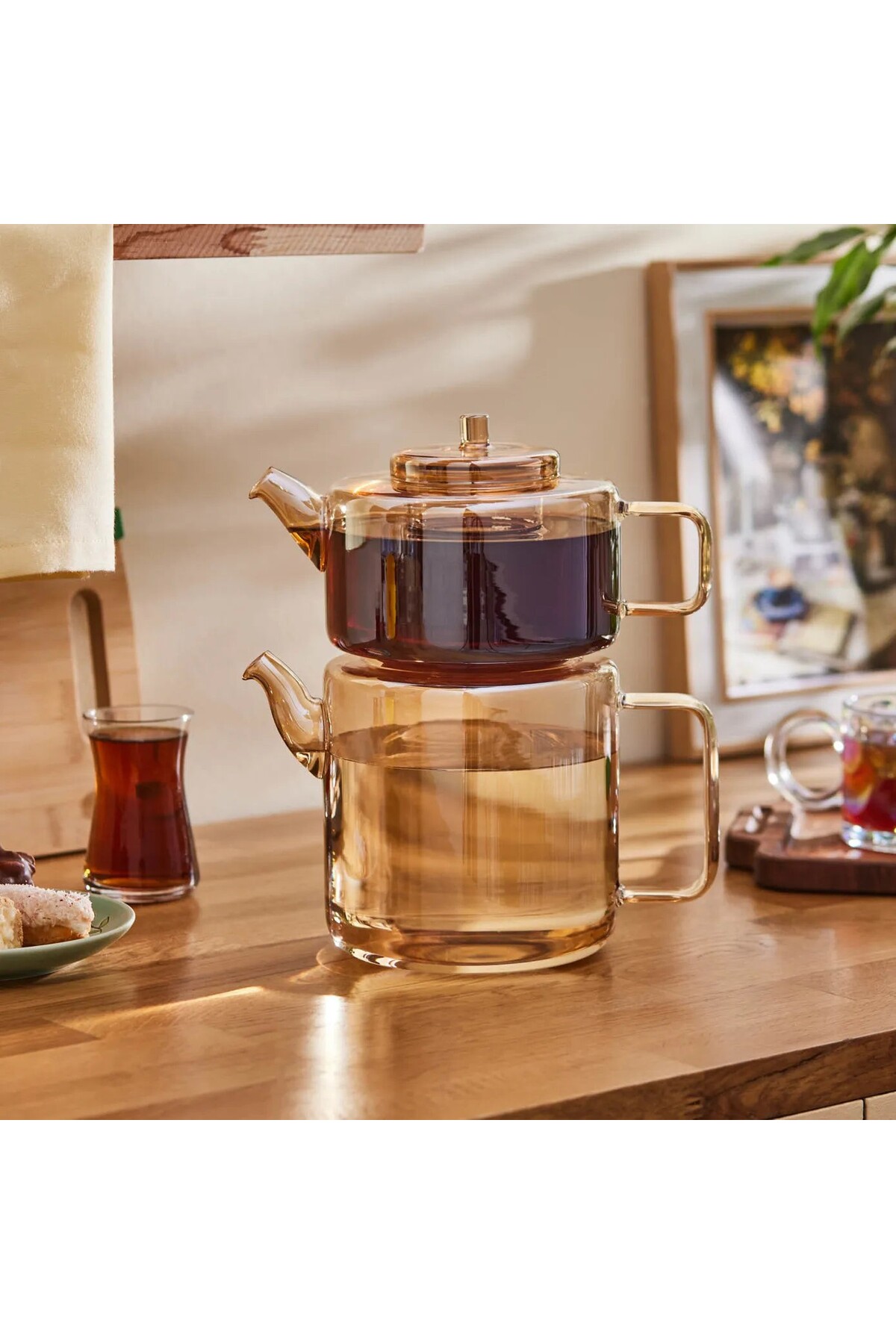 KARACA Flat Borosilikatglas Teekanne Amber - 1,1L + 1,8L Set Mit Teesieb