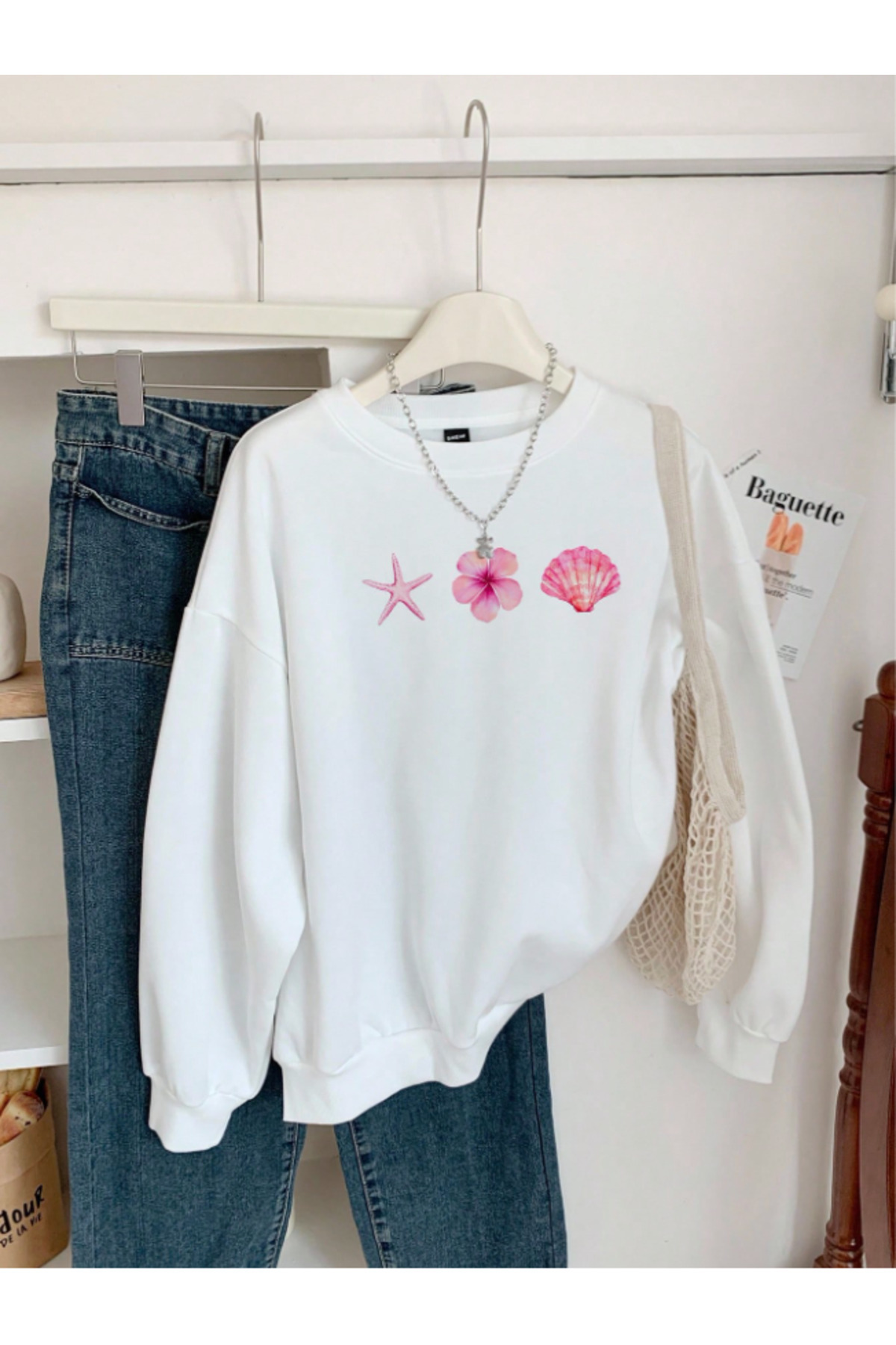 Revasser  Unisex Kadın/Erkek Detaylı DENİZ Özel Baskılı Renkli Oversize Bisiklet Yaka Pamuklu Sweatshirt - Görsel 4