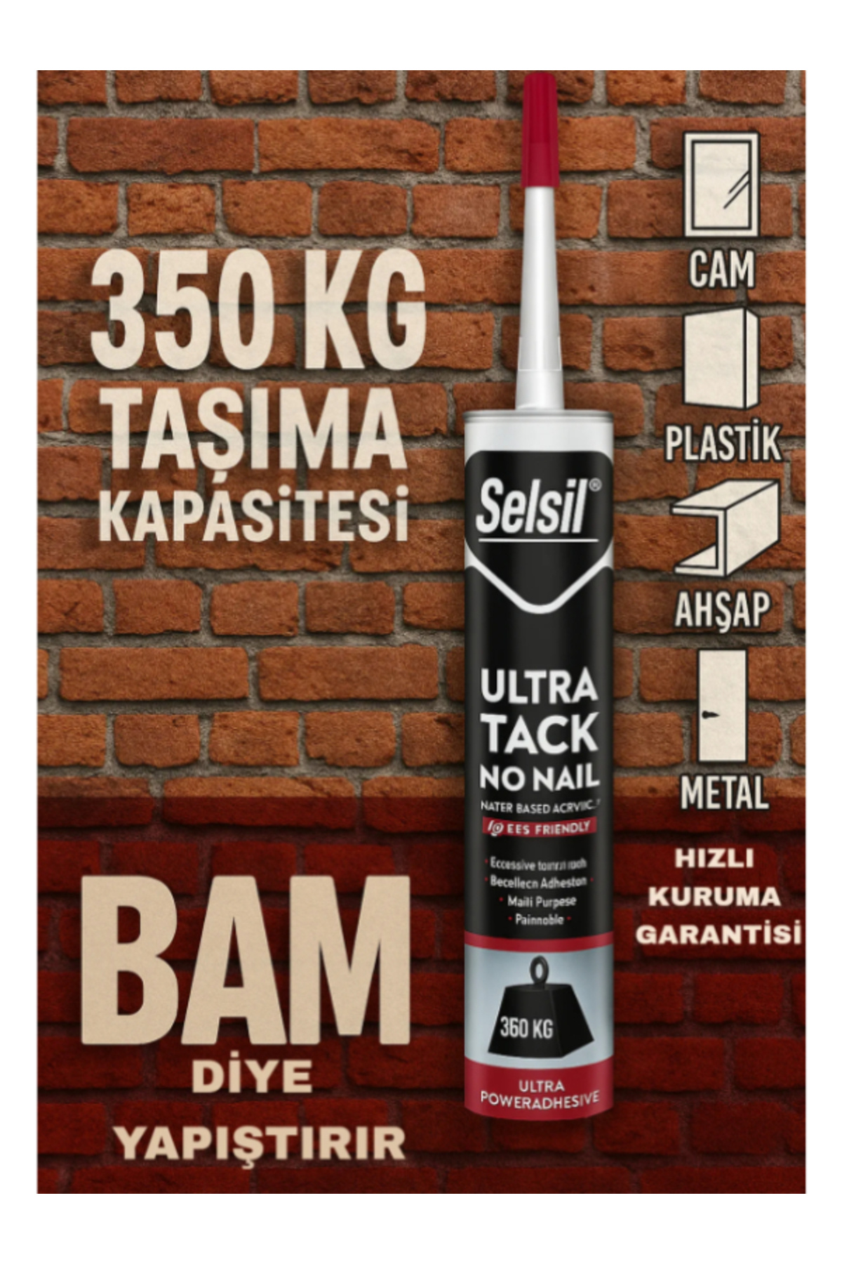 Selsil Güçlü (350 KG' A KADAR AĞILIK TAŞIR) Ve Hızlı Kuruyan Ultra Tack Beyaz Silikon 290 ml