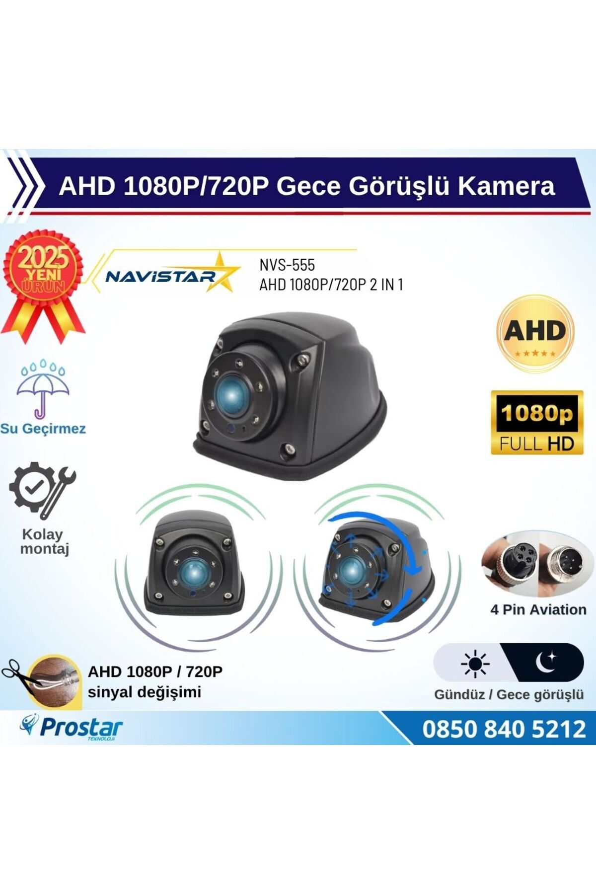 Navistar Metal Mini Gece Görüşlü AHD 1080P/720P 4 Pin Soketli Yan için uygun Kamyon Tır Otobüs Kamerası