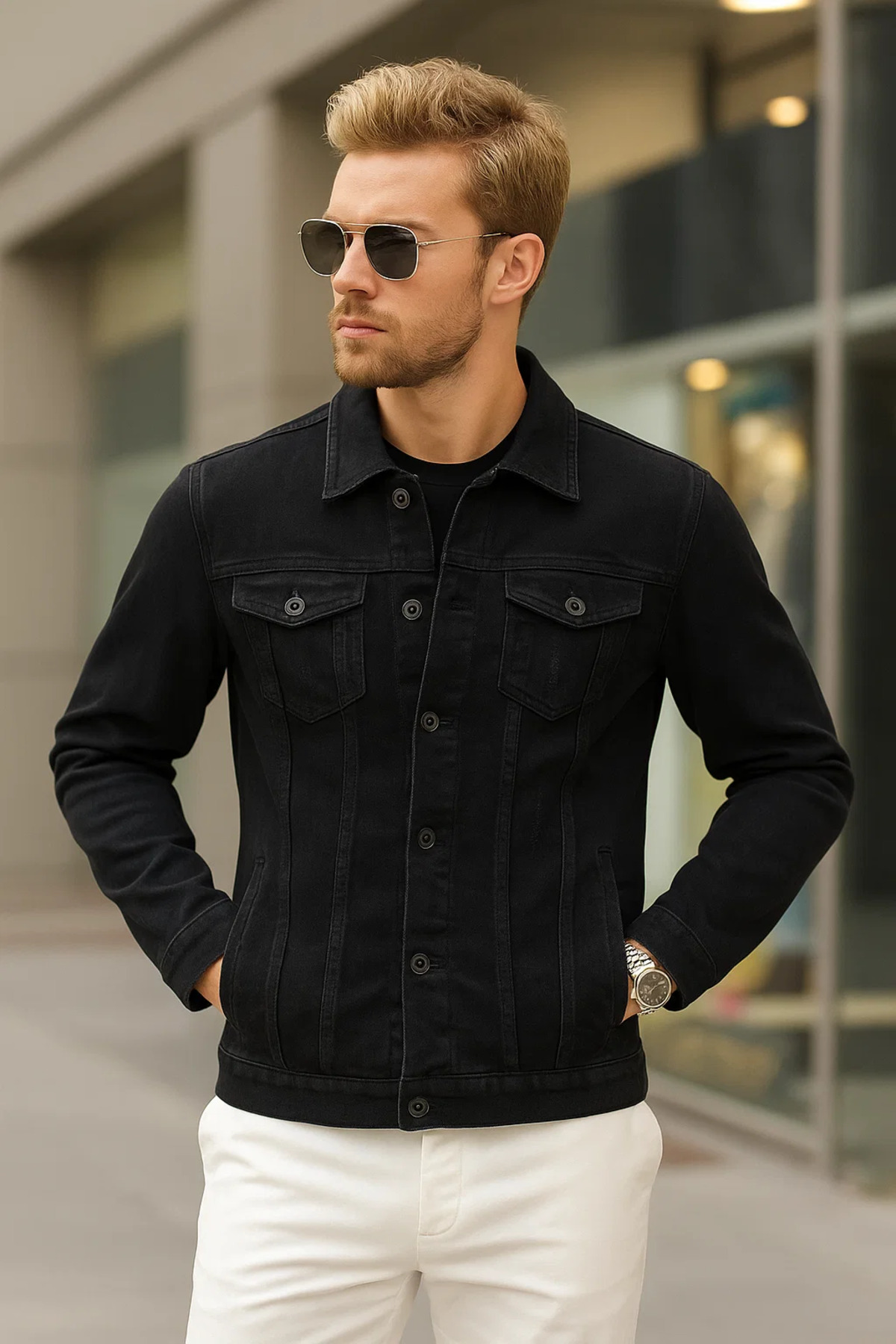 DAMGA JEANS  Erkek Mevsimlik Jeans Basic Bol Siyah Kot Ceket - Görsel 3