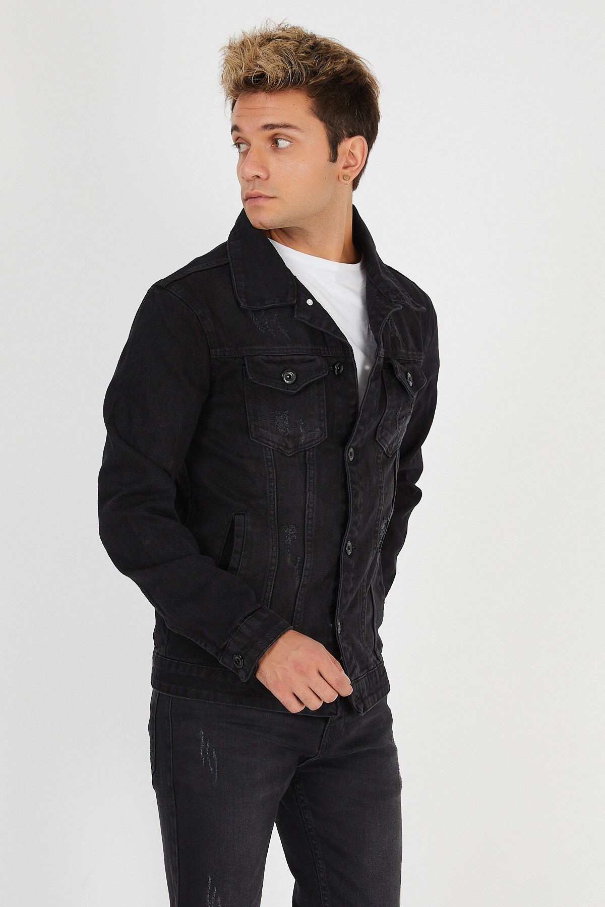 DAMGA JEANS  Erkek Mevsimlik Jeans Basic Bol Siyah Kot Ceket - Görsel 6