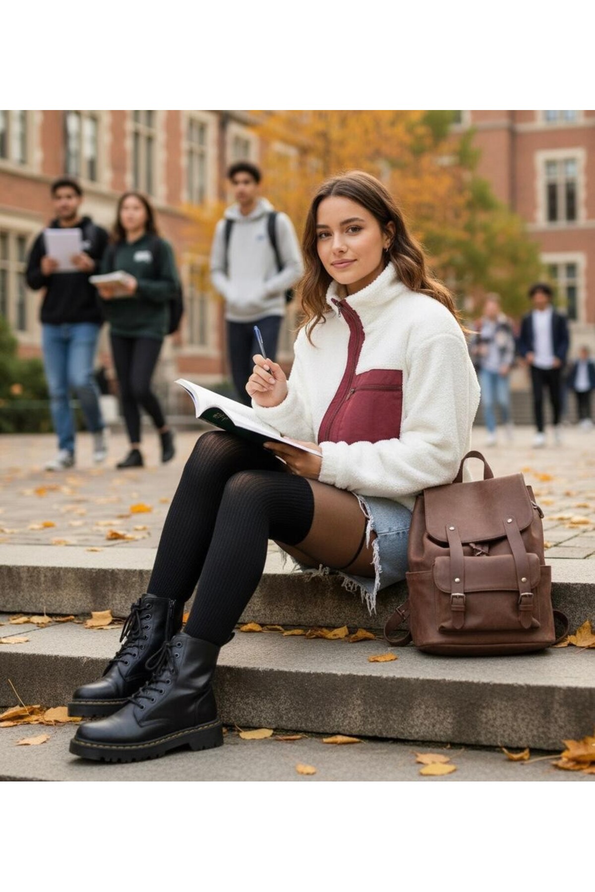 Grenj Fashion  Bordo Garni Detaylı Ekru Peluş Örme Spor Ceket - Görsel 4