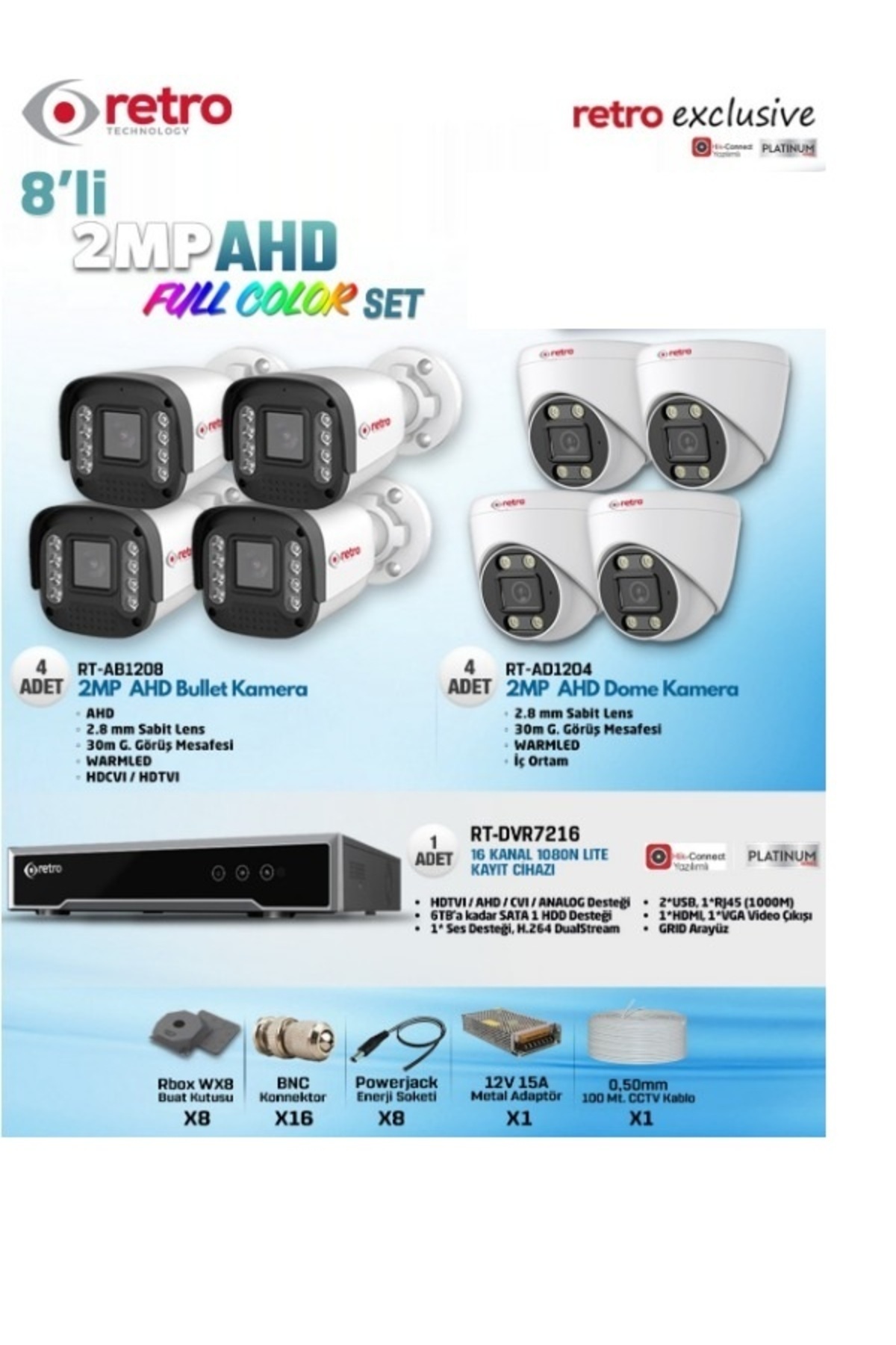 Retro 8’li 2MP AHD Kamera Seti | 4 Bullet + 4 Dome Kamera + 16 Kanal DVR | Full Ekipmanlı