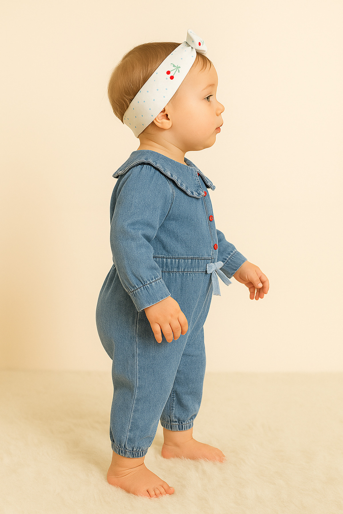 CROCODAYS Kız Çocuk Bebek Kot (JEANS) Bandanalı Kiraz Aksesuarlı Tulum (6/9/12/18) Ay fotoğrafı 2 (önizleme)