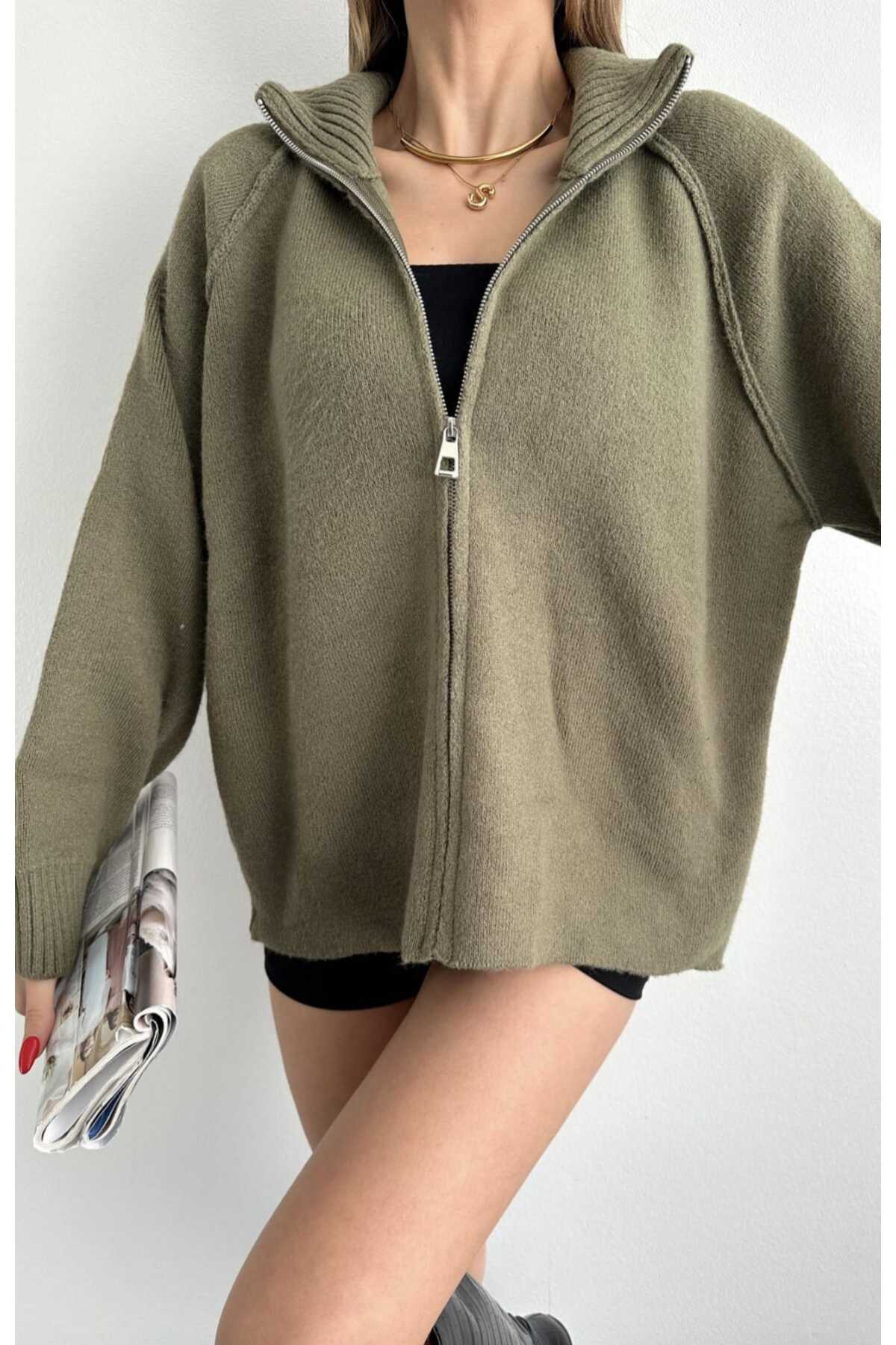 yeditepe fashion  Fermuarlı Elit İplik Dazy Hırka Haki - Görsel 3