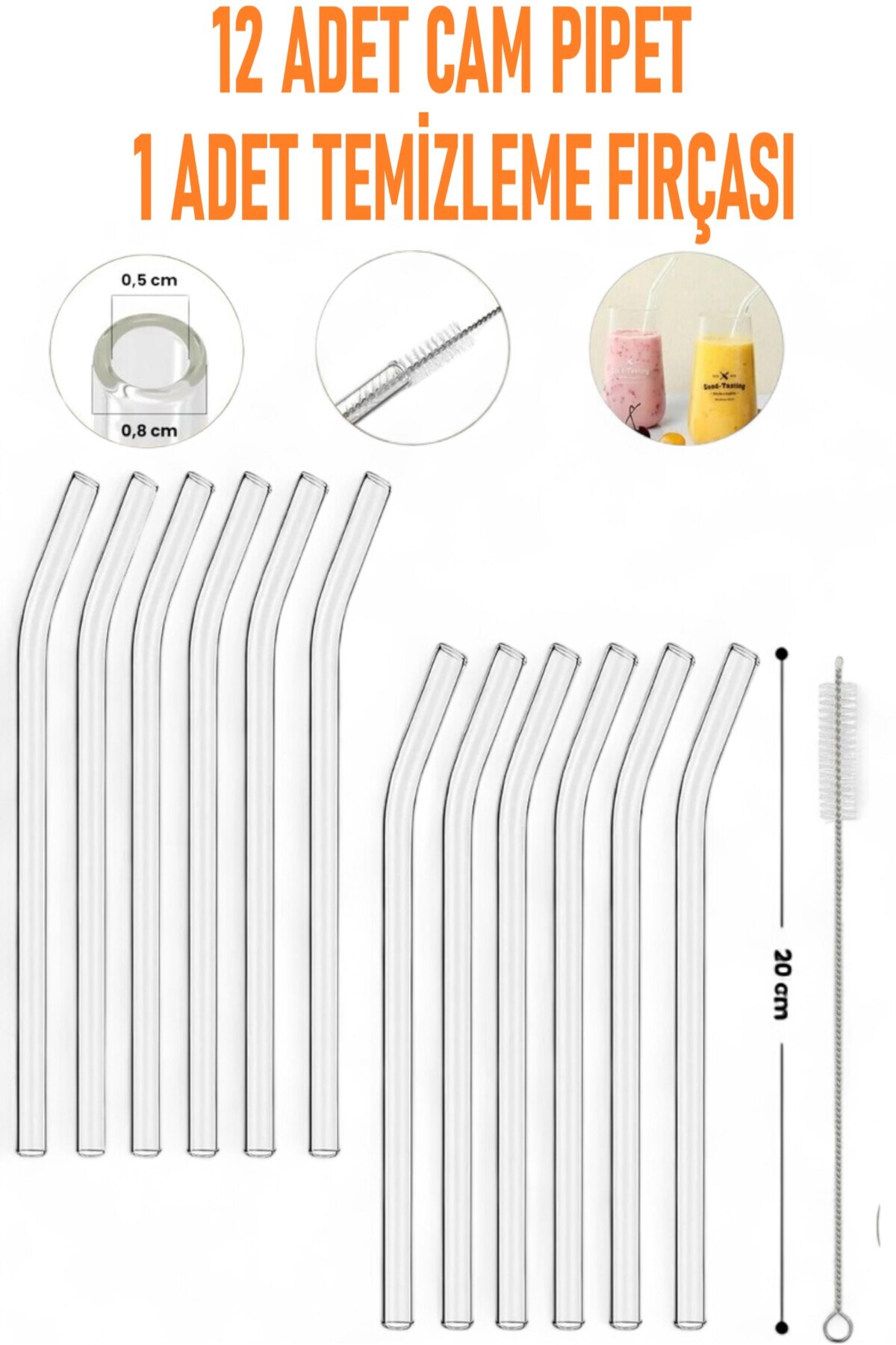 GÜZELYÜZ AVM Cam Pipet Seti | 12 Adet Cam Pipet ve 1 Adet Temizleme Fırçası Seti 1. Kalite Lüx