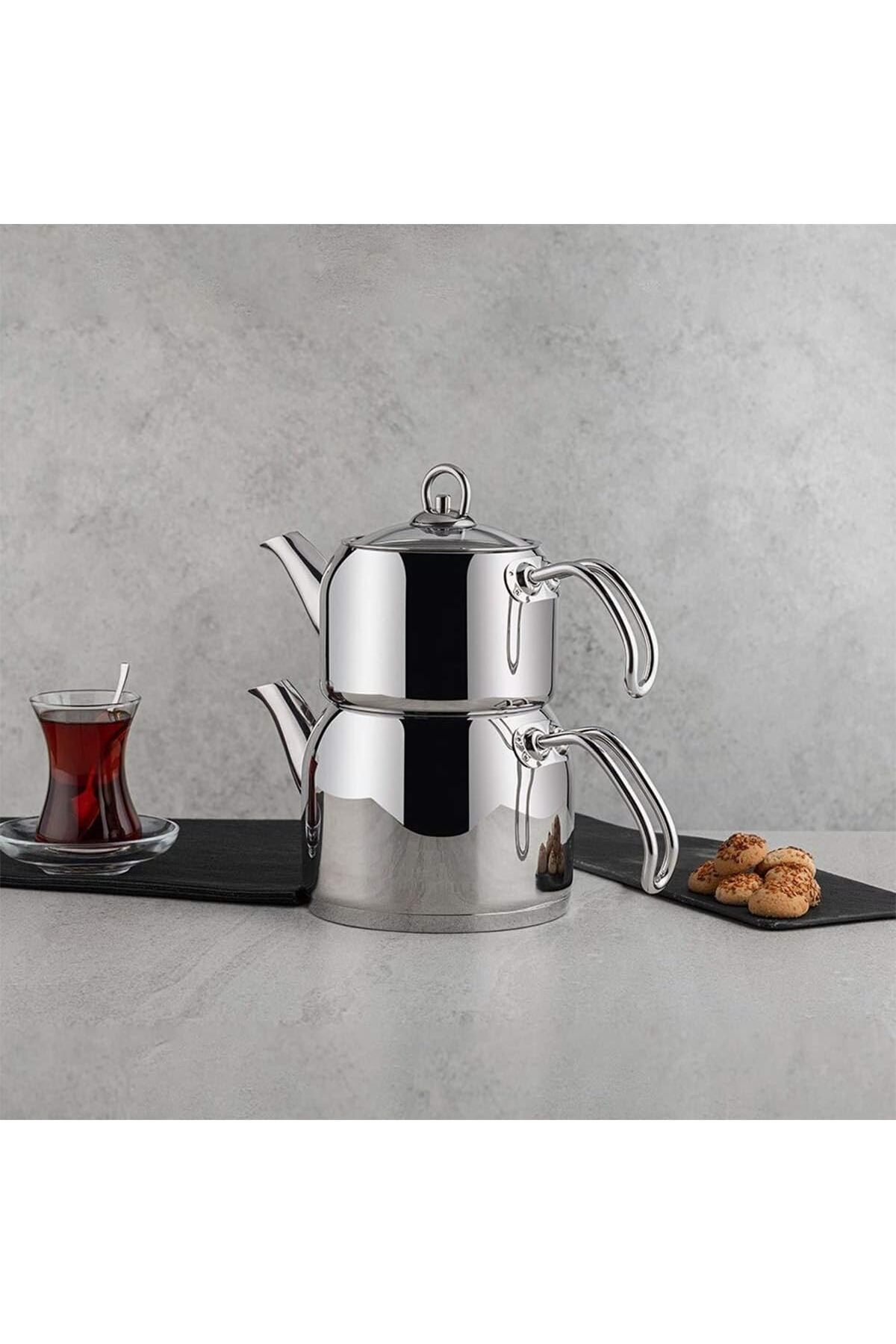 BAZAARİO Modern Mini Küçük Boy 0.8-1.6 Lt. Paslanmaz Çelik Çaydanlık Takımı BZRİO 1116346