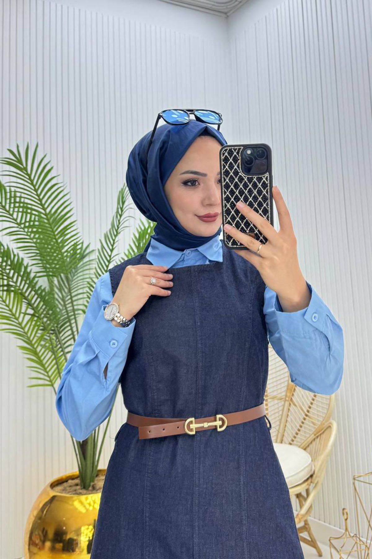 Neşeli Butik kadın kemerli denim jile gömlek tesettür takım NMS073