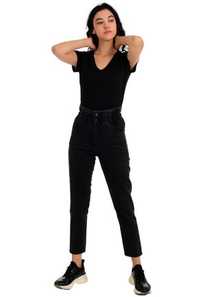 Kadın Siyah Yüksek Bel Lastikli Bel Boyfriend Jeans Kot Pantolon G1072A