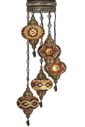 Mozaik Lamba 5'li Osmanlı Otantik Renkli Camlı El Yapımı Boho Sarkıt Avize, 5 Büyük Cam demmex5lilambaxxx10
