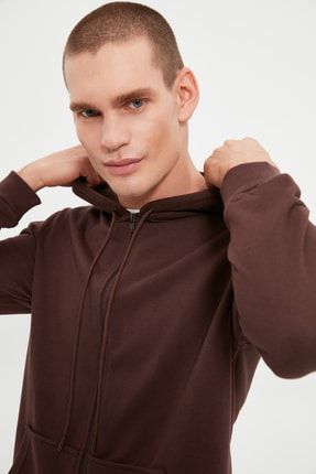 Kahverengi Erkek Regular Fit Basic Kapüşonlu Fermuarlı Pamuklu Sweatshirt-Hırka TMNAW20SW0262
