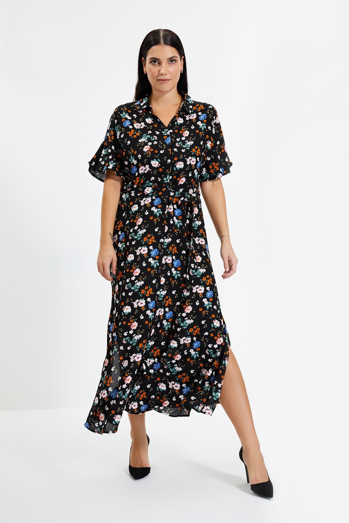 Dark floral woven clearance maxi shirt dress