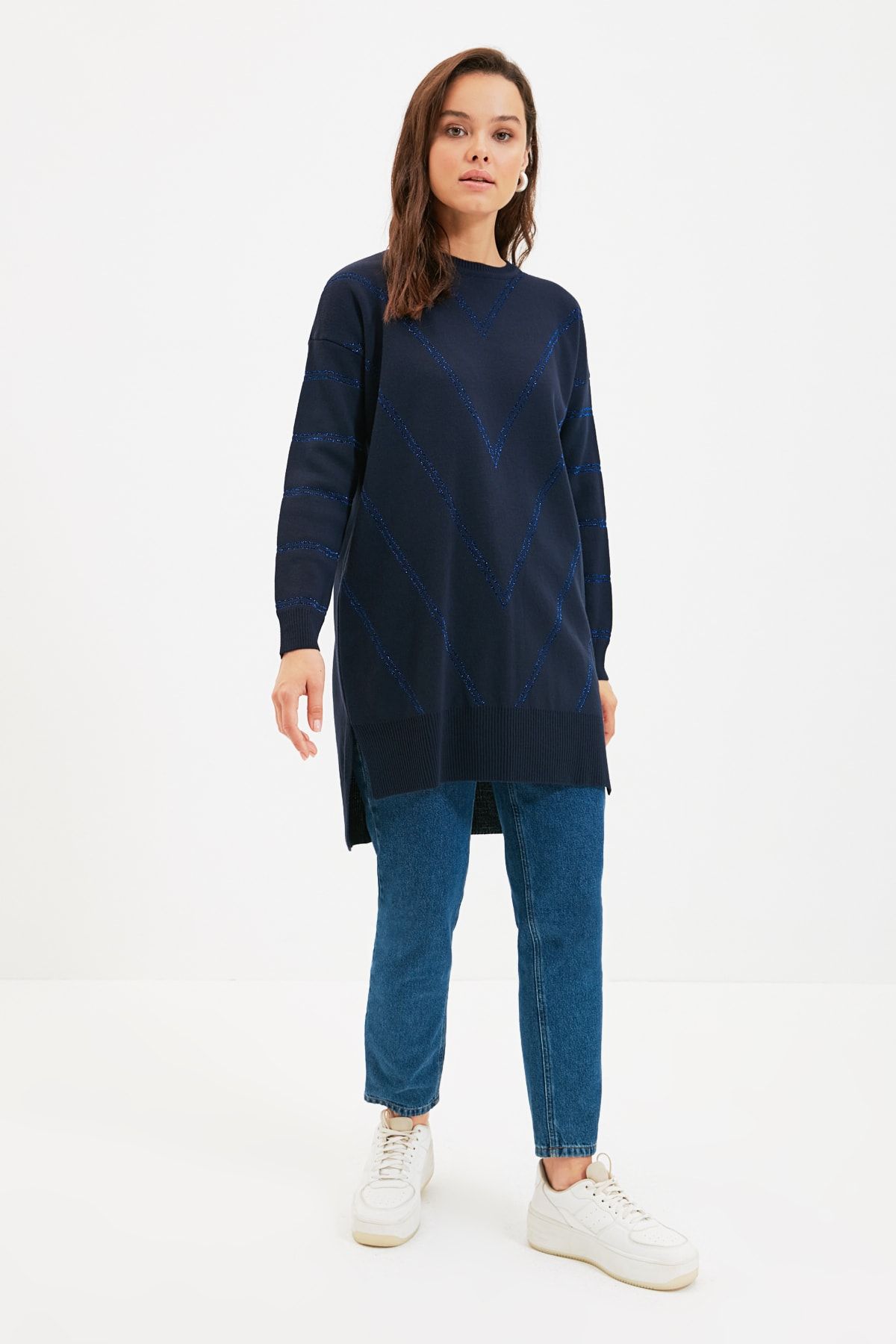 Trendyol Modest-Pulover lung din tricotaje cu sclipici albastru bleumarin TCTAW22AK0129 4