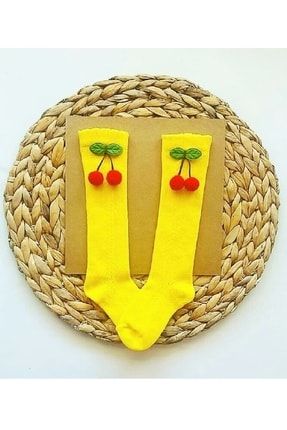 Kız Bebek Ajurlu Kiraz Süslemeli Diz Altı Çorap -sarı ASAAJKRZ