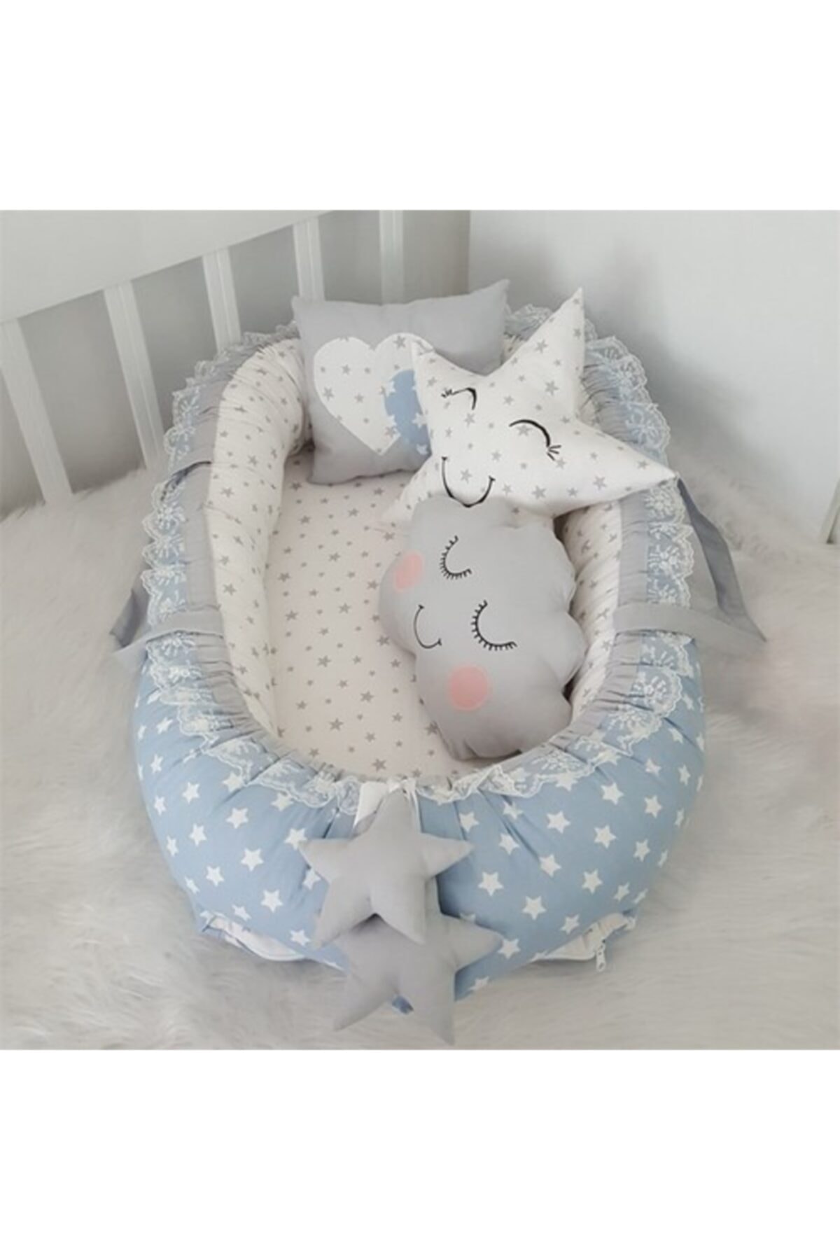Jaju Baby Nest Mavi Yıldızlı Jaju-babynest Anne Yanı Bebek Yatağı Set