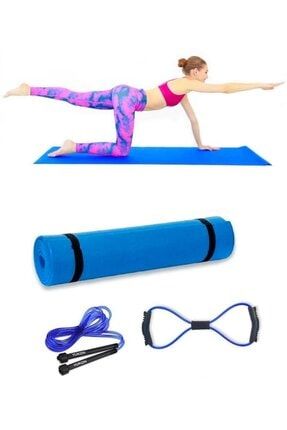 3'lü Pilates Yoga Egzersiz Seti Direnç Lastiği Mat Atlama Ipi Set Set aylakon_26
