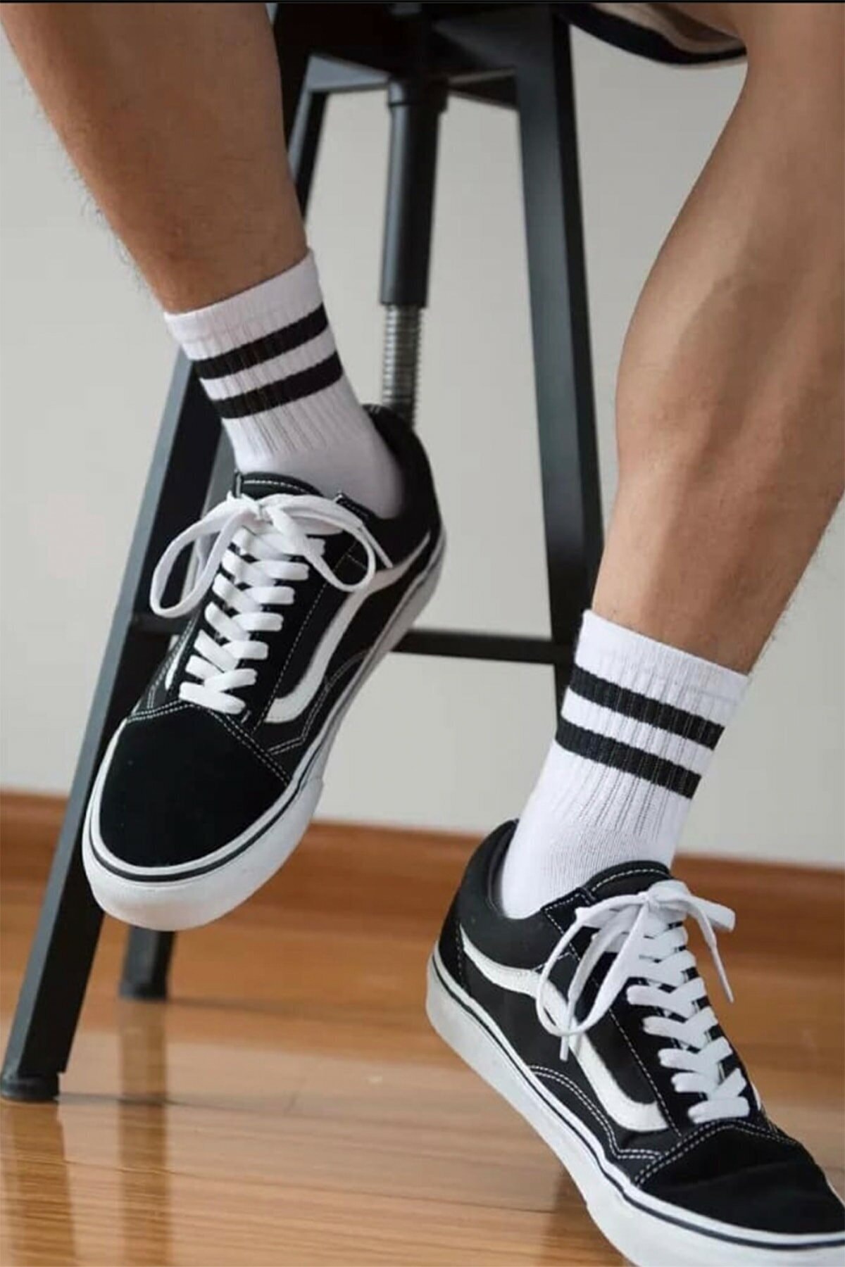 Peri Çorap 3' Lü Siyah Şerit Desenli Beyaz Soket Çorap