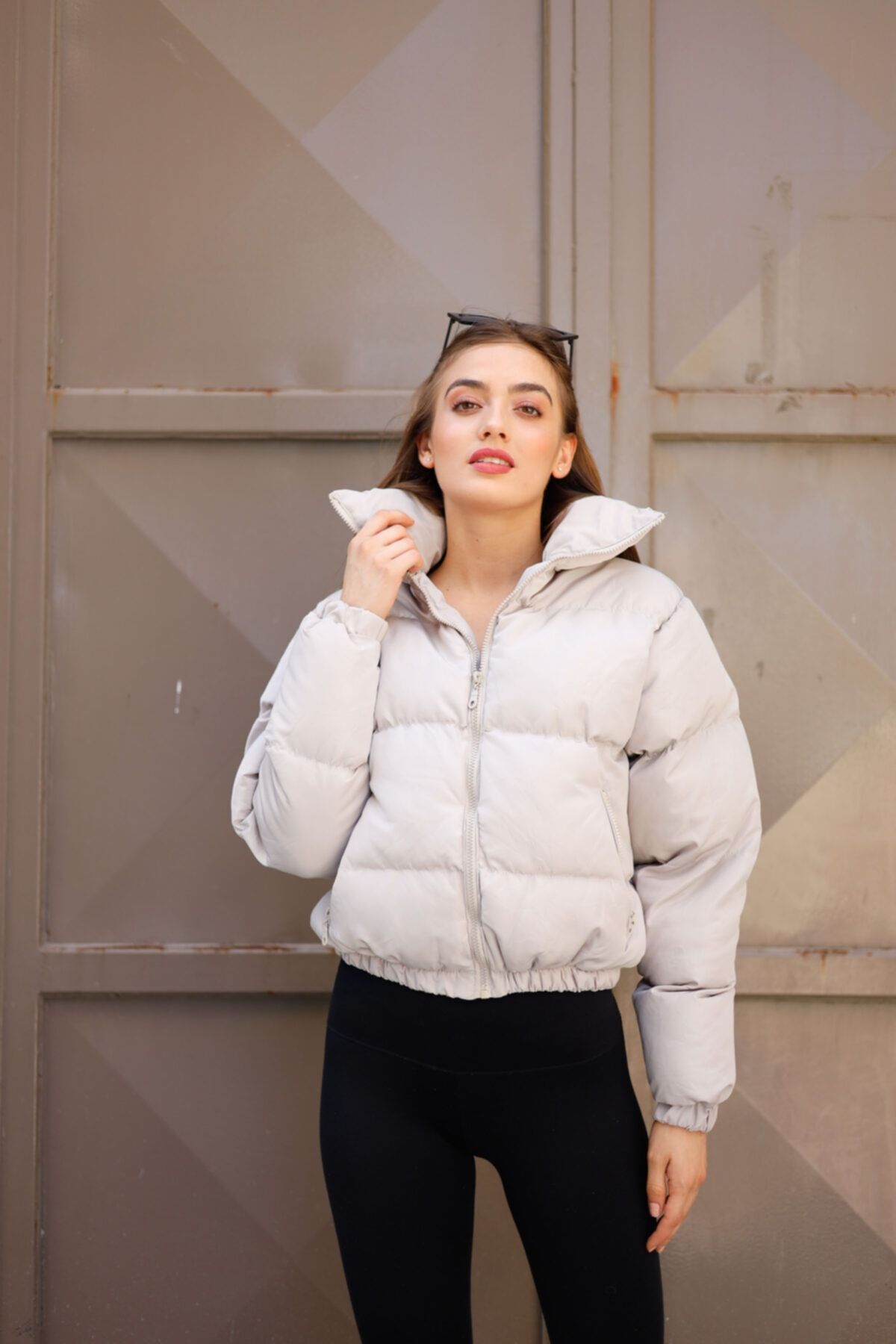 Modamahur Women s Beige Zipper Closure Stand Collar Pocket Puffer